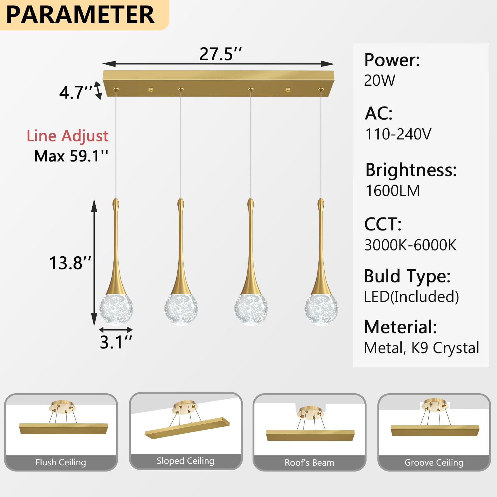 4-Lights Modern Pendant Lights For Kitchen Island Led Dimmable Crystal Glam Ceiling Pendant Lighting Chandelier For Dining Room Hallway Bedroom Gold