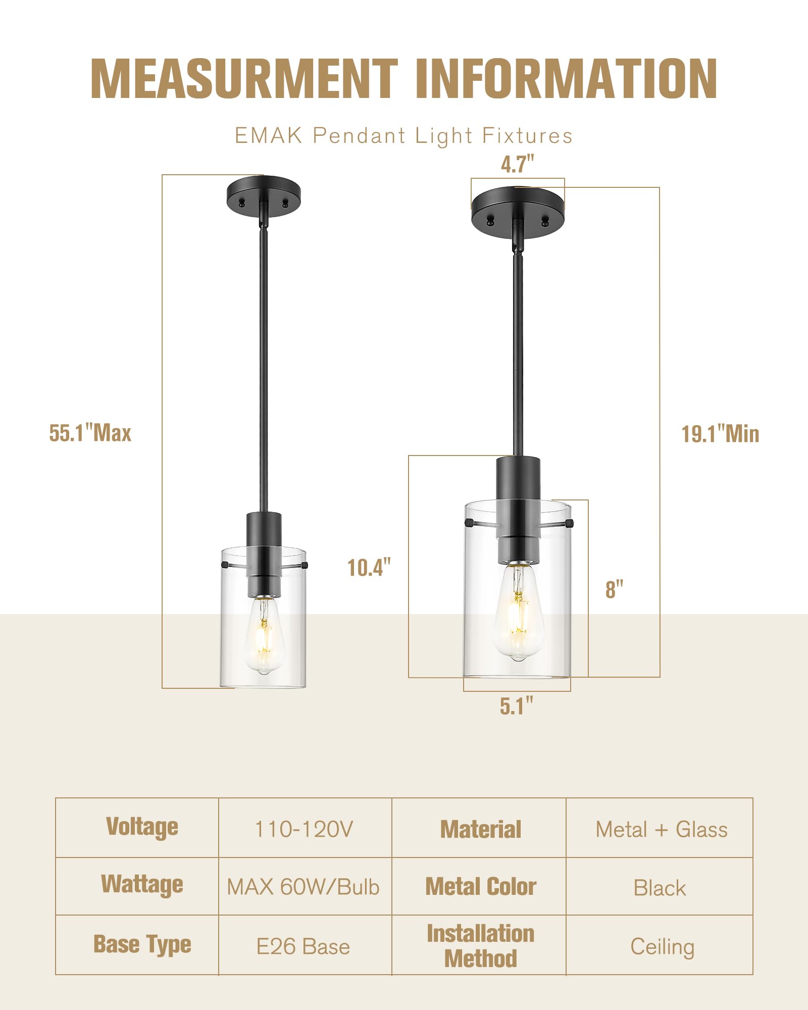 Emak Black Pendant Lights Kitchen Island, 2 Pack 5 Inch Pendant Light Fixtures With Clear Glass Shade, Modern Farmhouse Island L