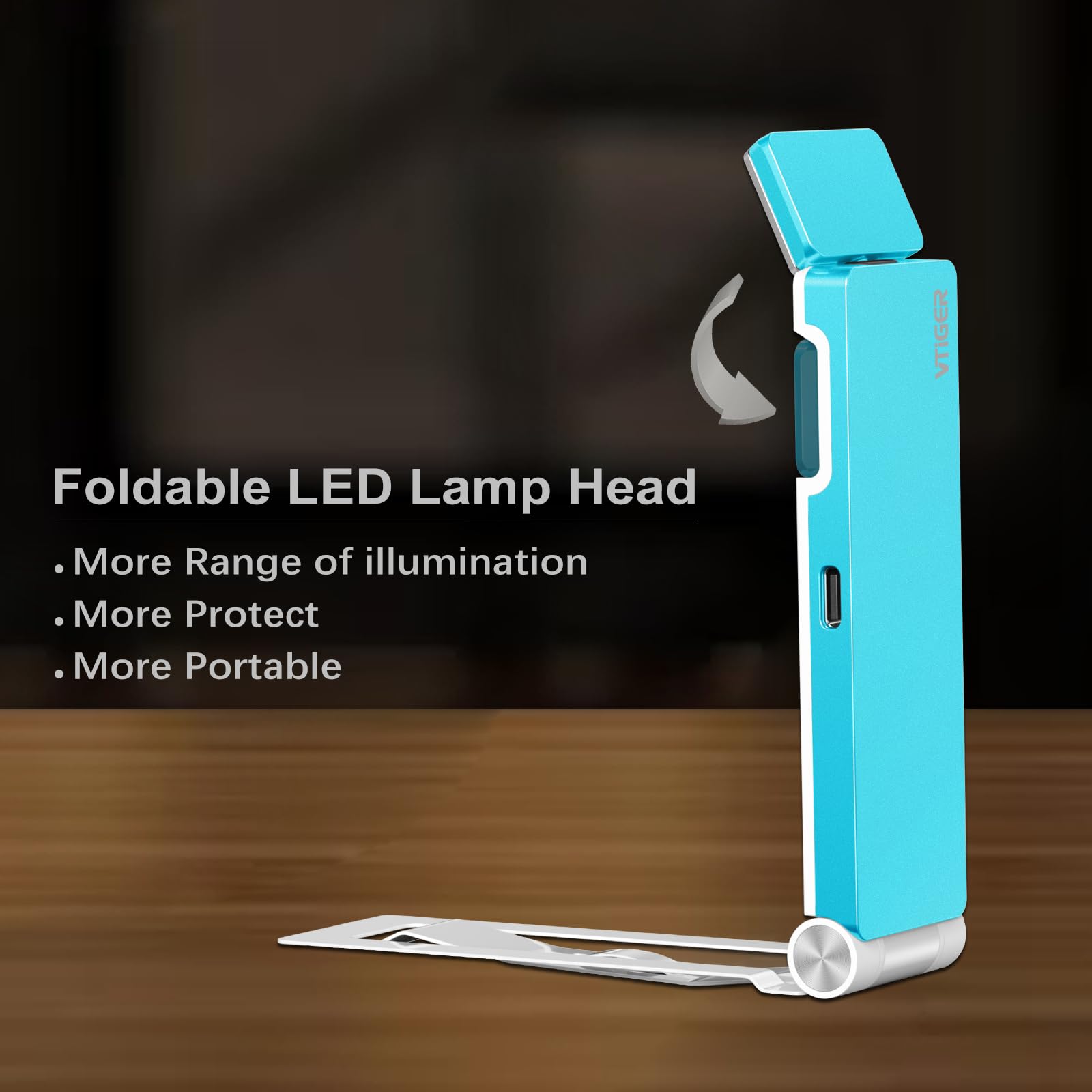 VTIGER USB Rechargeable Reading Light, LED Clip-on Booklight, 3 Amber Colors, 4 Brightness Levels, Portable, Blue, Model B1