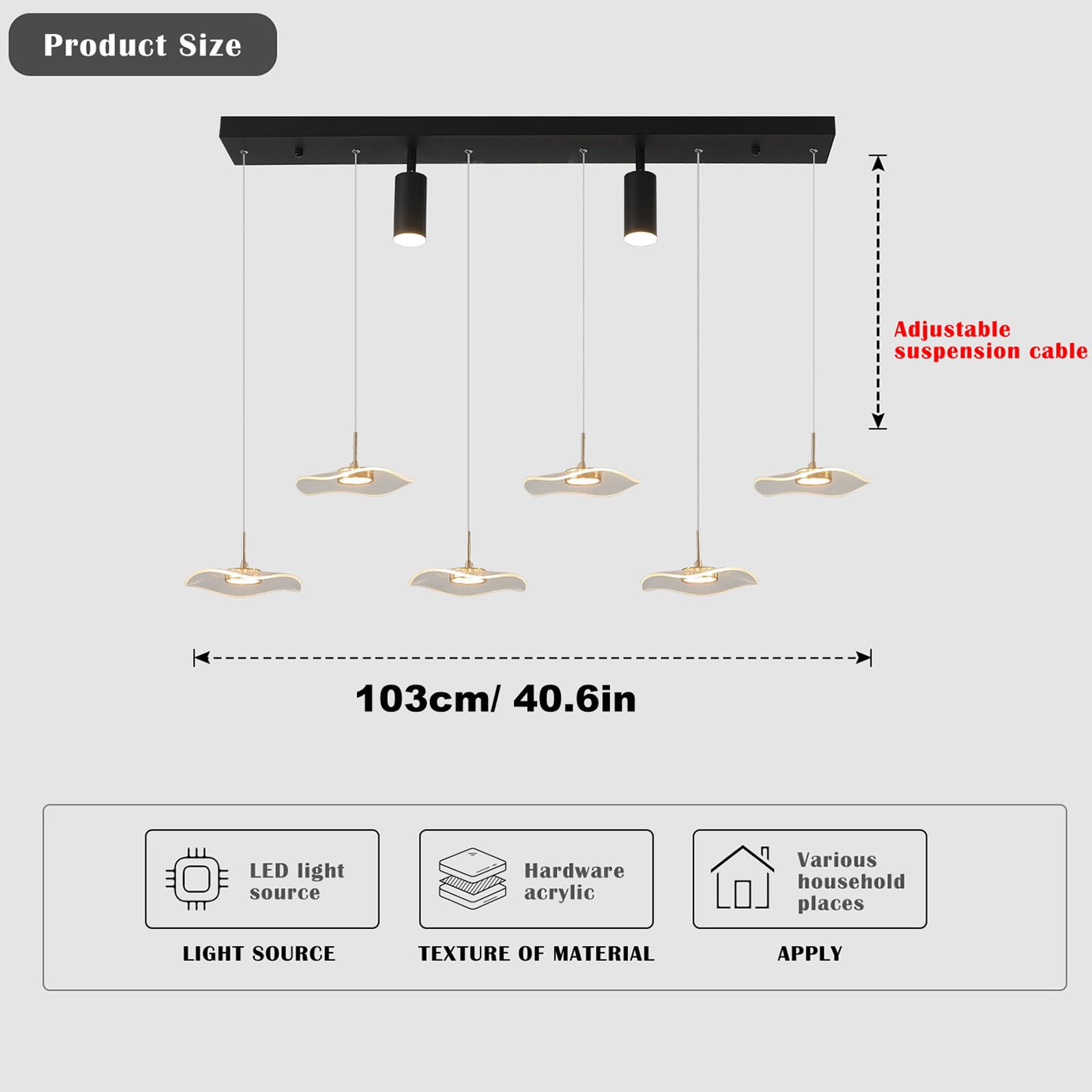 Siittoo 40in Modern Dimmable LED Chandelier, Adjustable Height, 6-Light Acrylic Pendant Light, Transparent/Black Petal, Remote Control