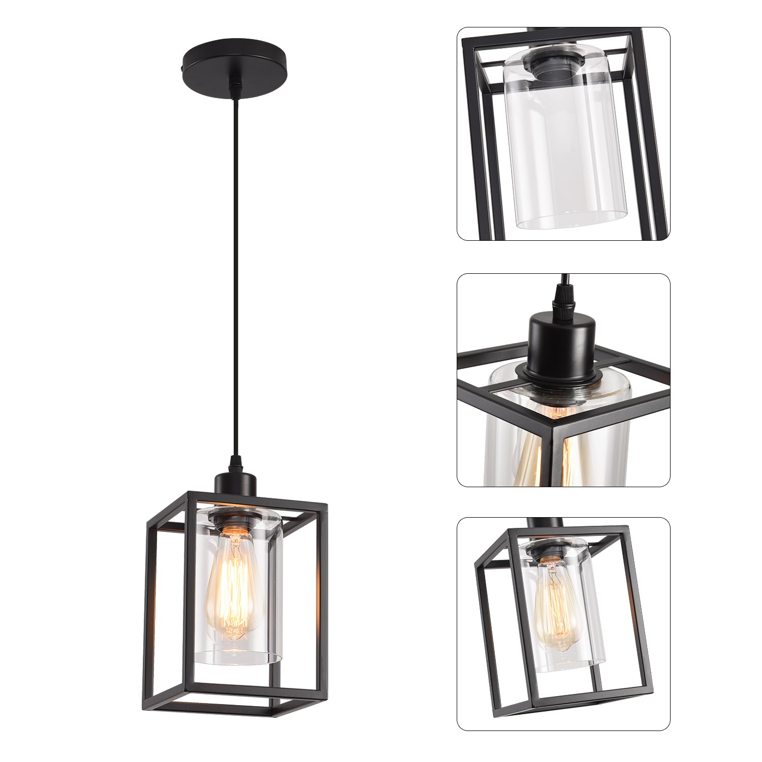 Aojunsansan Black Pendant Lights For Kitchen Island Industrial Lantern Pendant Light Fixtures With Clear Glass Shade, Farmhouse