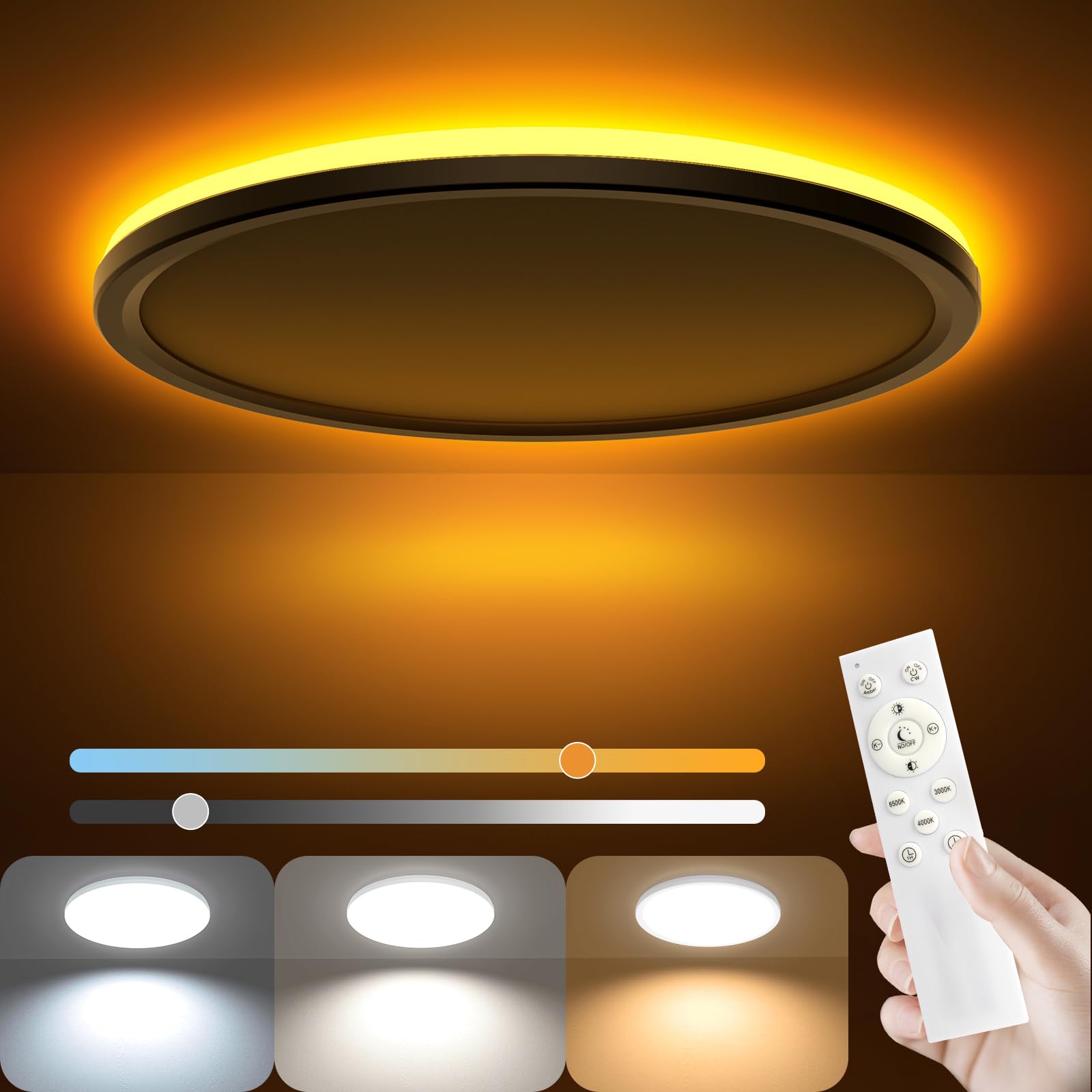 AmazeFan 12 Inch LED Dimmable Ceiling Light - 24W 2400LM Modern Lamp with Remote Control - 6W Night Light - Warm White LED Flush