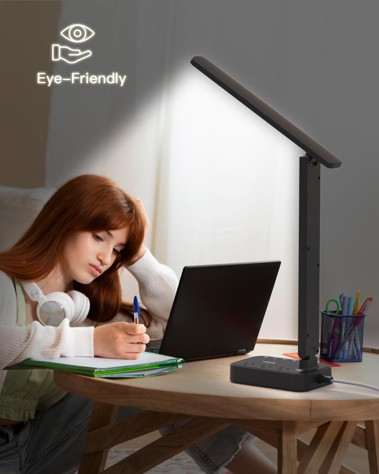 Addtam LED Desk Lamp with Power Strip, 3 Outlets & 4 USB Ports, 5-Level Brightness, Touch Control, Black, Perfect for Home Office & Dorm Room