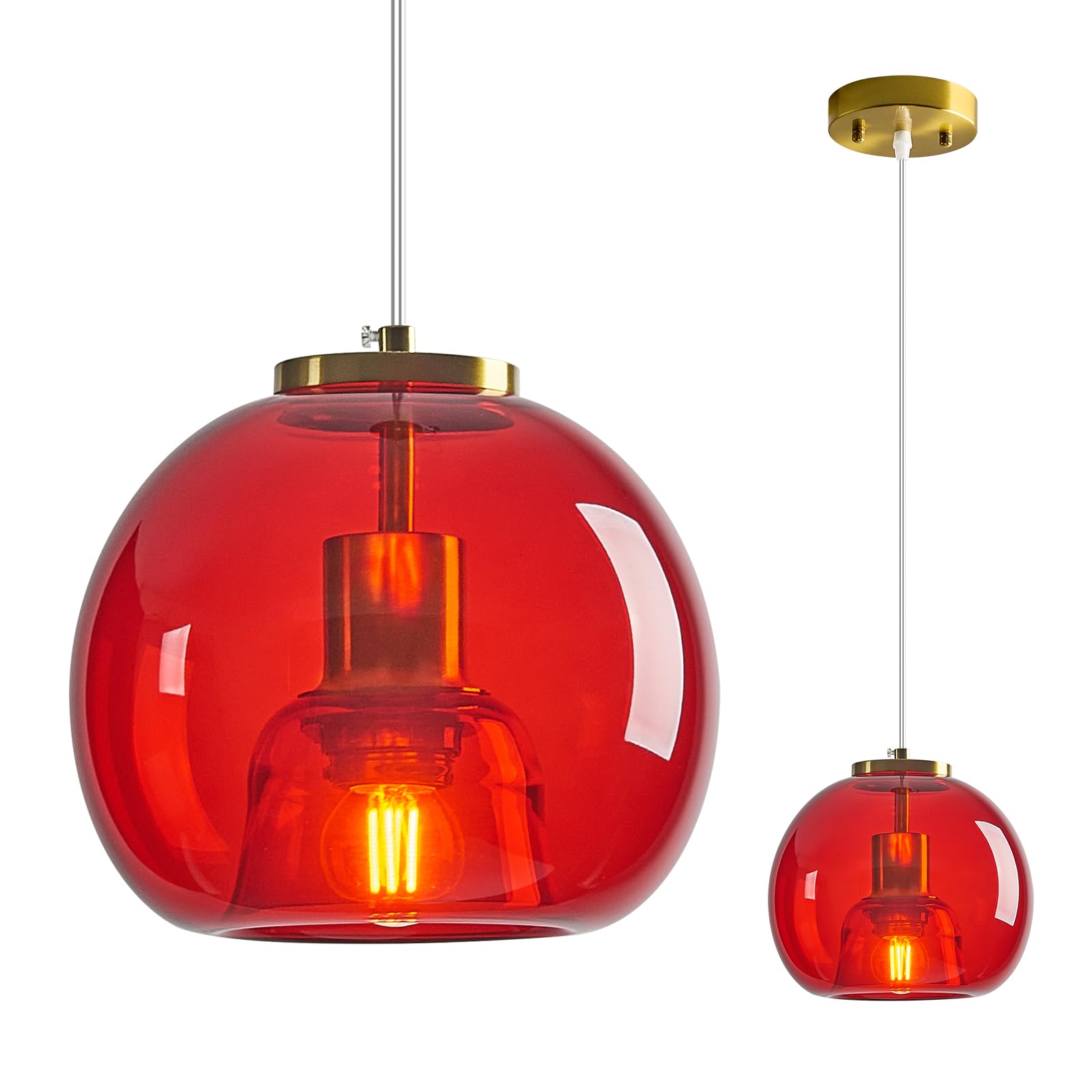 Lbsqj Red Glass Pendant Lights Kitchen Island Gold Hanging Light Fixture Glass Globe Pendant Light Modern Pendant Lighting For Kitchen Island Bedroom Dining Room (7.87  1 Pack)