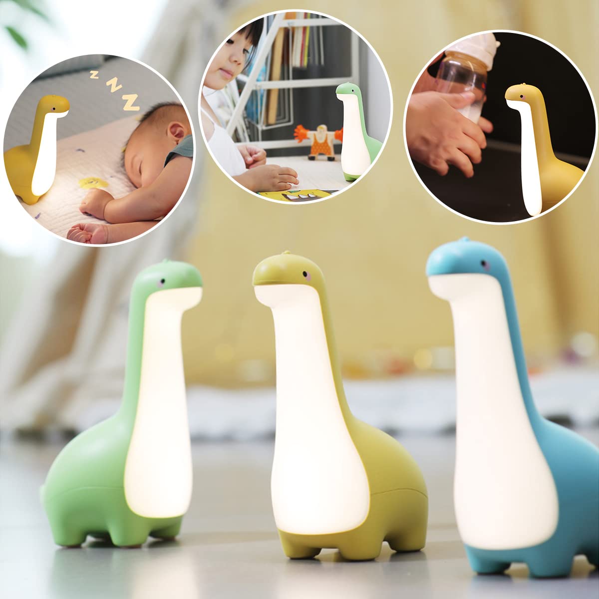 ipalmay Dinosaur Night Light, USB Rechargeable Touch Control Lamp, Blue, Cute for Kids, Adjustable Bedside Decor