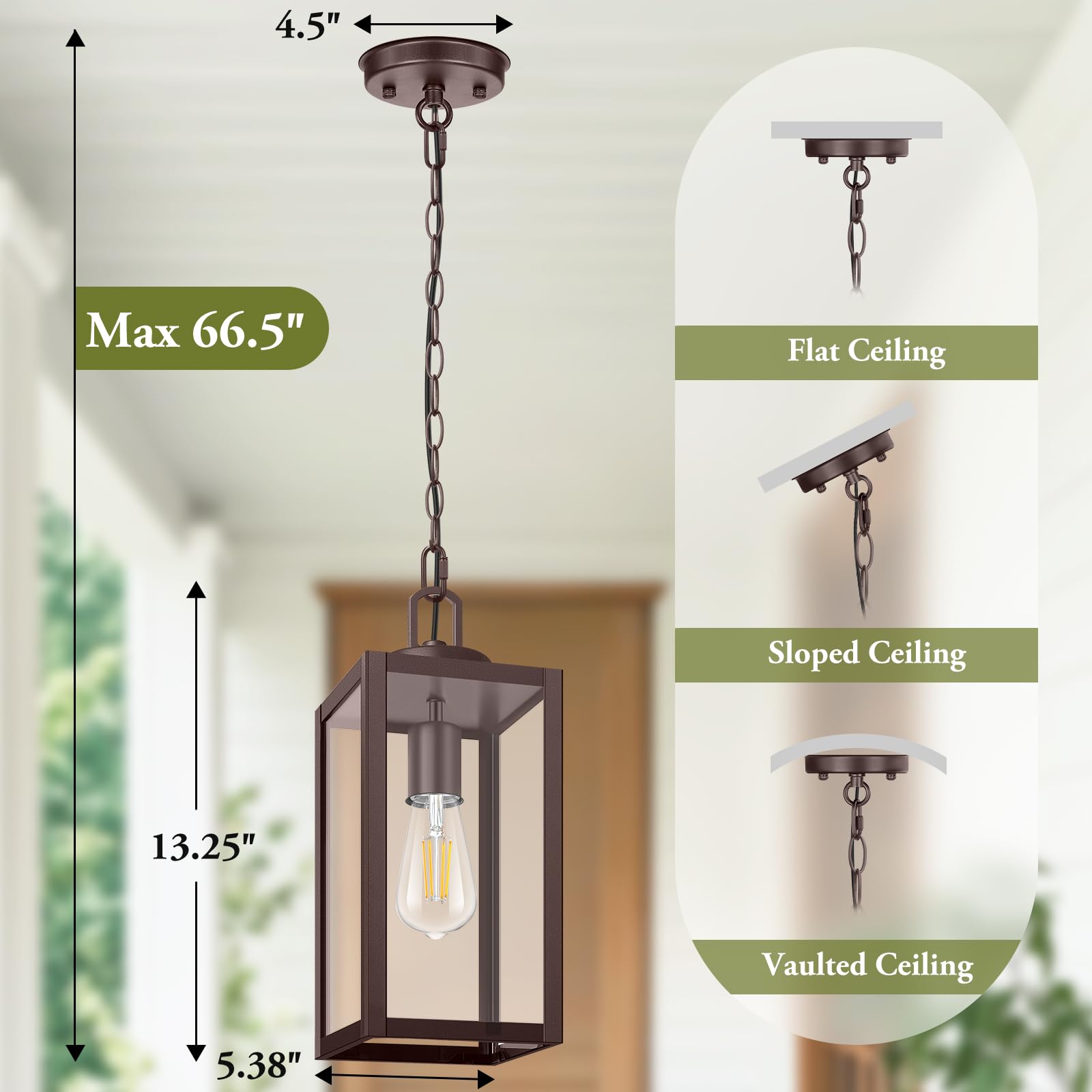 BesLowe 1-Pack 13” Outdoor Pendant Light, Brown Metal Hanging Lantern, Adjustable Chain, Modern Chandelier for Porch and Gazebo