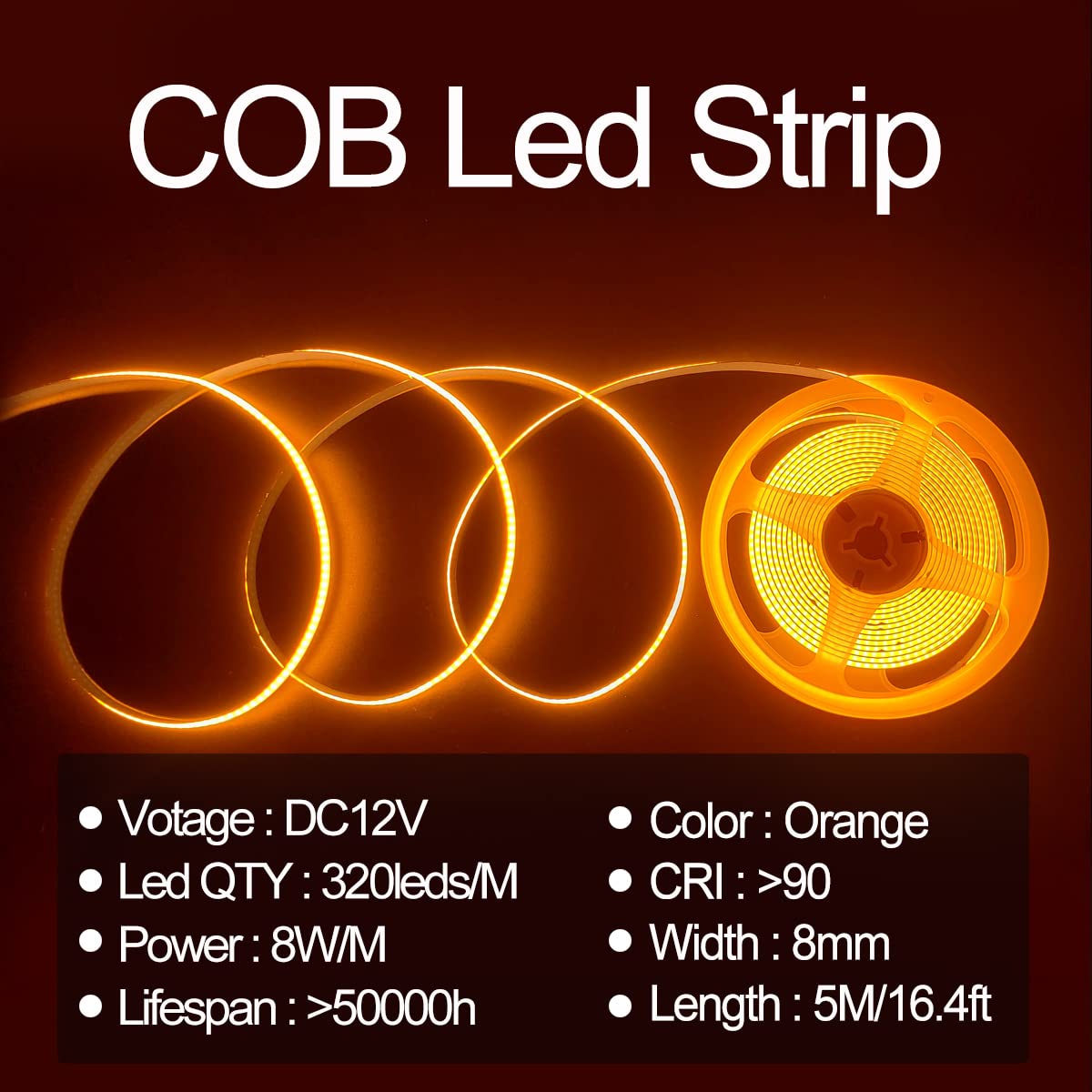 Hamrvl Cob Led Strip Lights Dc12V 16.4Ft/5M 320Leds/M Cri90 Bright Flexible Led Tape 8Mm, For Indoor Home Cabinet,Bedroom,Kitchen,Stage,Backlight Diy Lighting(Without Power Supply) (Orange)