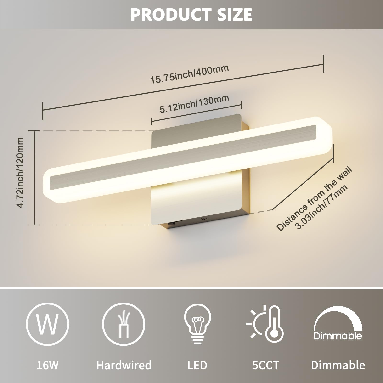 Jusheng Brushed Nickel Vanity Lights For Bathroom  5Cct Dimmable Vanity Light Bar  Modern Led Bathroom Lighting Fixtures Above Mirror 16 Inch 16W