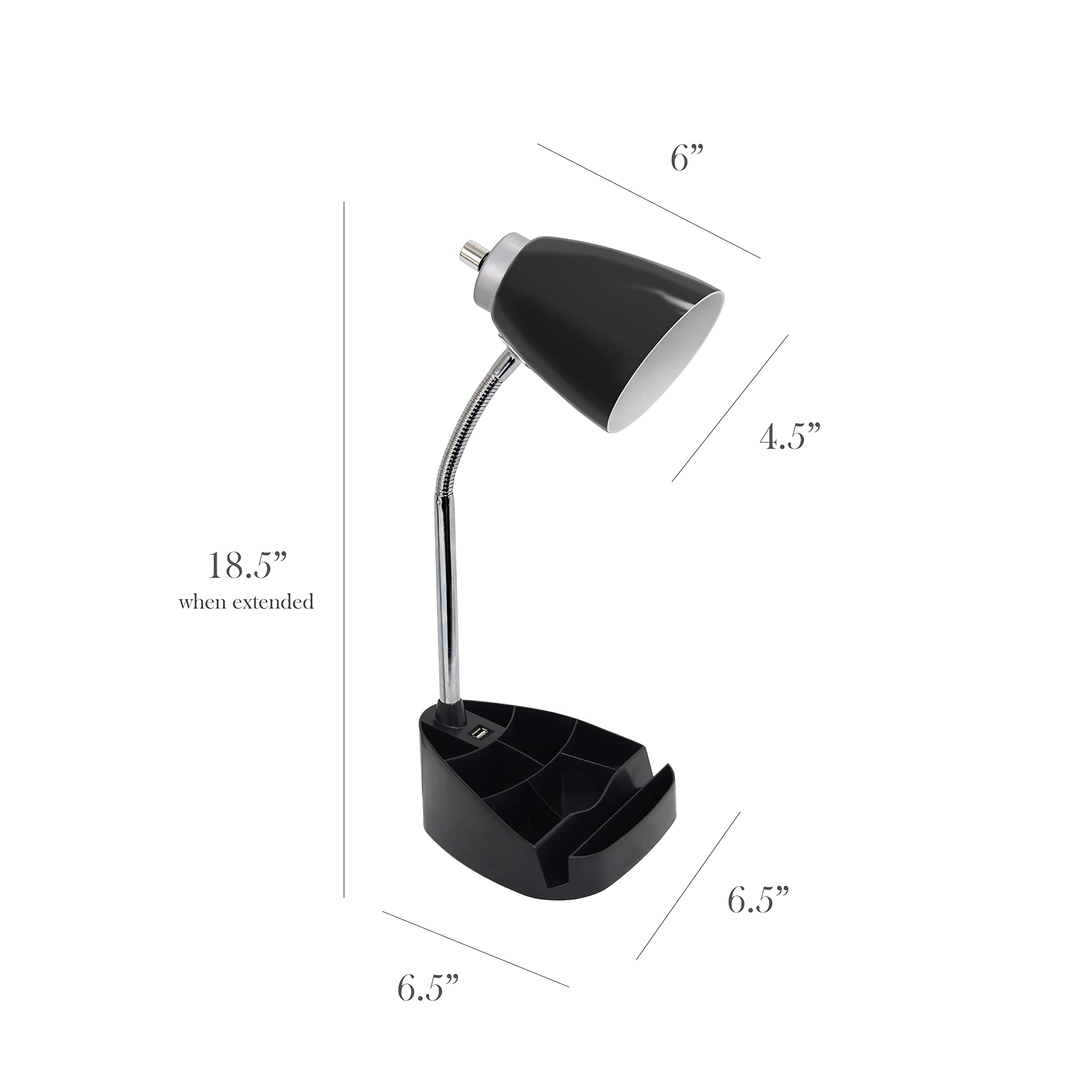 Simple Designs Ld1056-Blk Gooseneck Organizer Desk Lamp With Ipad/Tablet Stand Or Book Holder And Usb Port, Black
