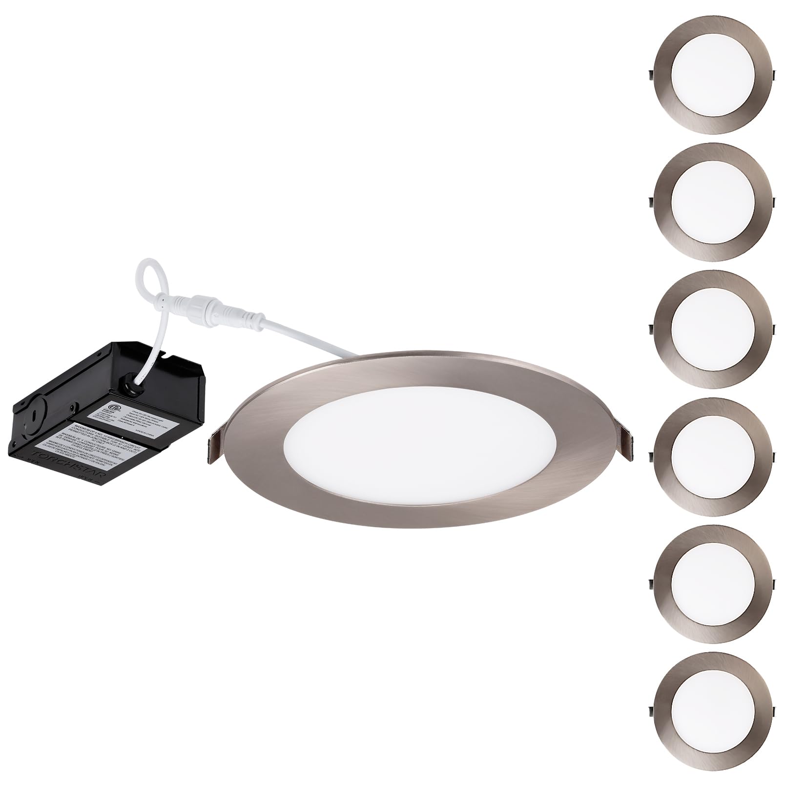 Torchstar E-Lite Series 6 Inch Slim Recessed Lighting With J-Box, 13.5W Ultra-Thin Led Recessed Light, Dimmable Canless Downlight, Etl&Es Listed, Cri90, 3000K Warm White, Satin Nickel, Pack Of 6