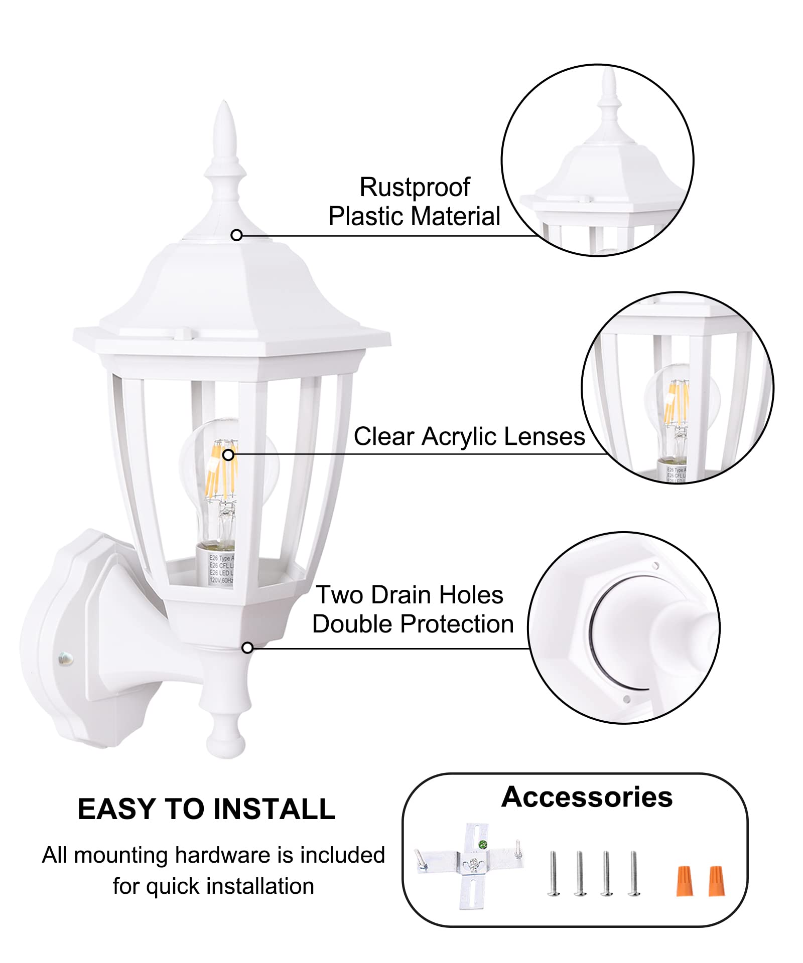 FUDESY Outdoor Wall Lantern, Waterproof Wall Sconce Light Fixture, Plastic, One Pack, White