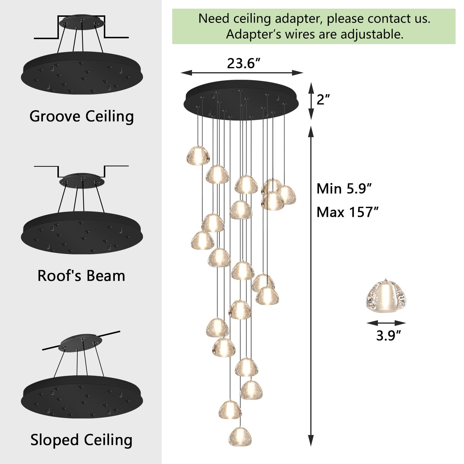 dolria Modern Crystal Chandelier LED Ceiling Light, 20-Lights Round, Black, Model PC0010-20B for Staircase, Living Room, Hallway