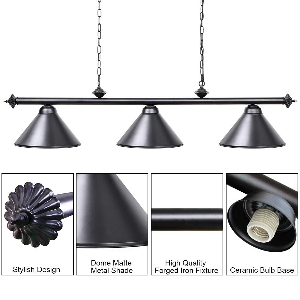 Wellmet 3-Light Vintage Pool Table Light, Matte Black Metal Chandelier, 59 inch, Modern Industrial Pendant for Kitchen Island