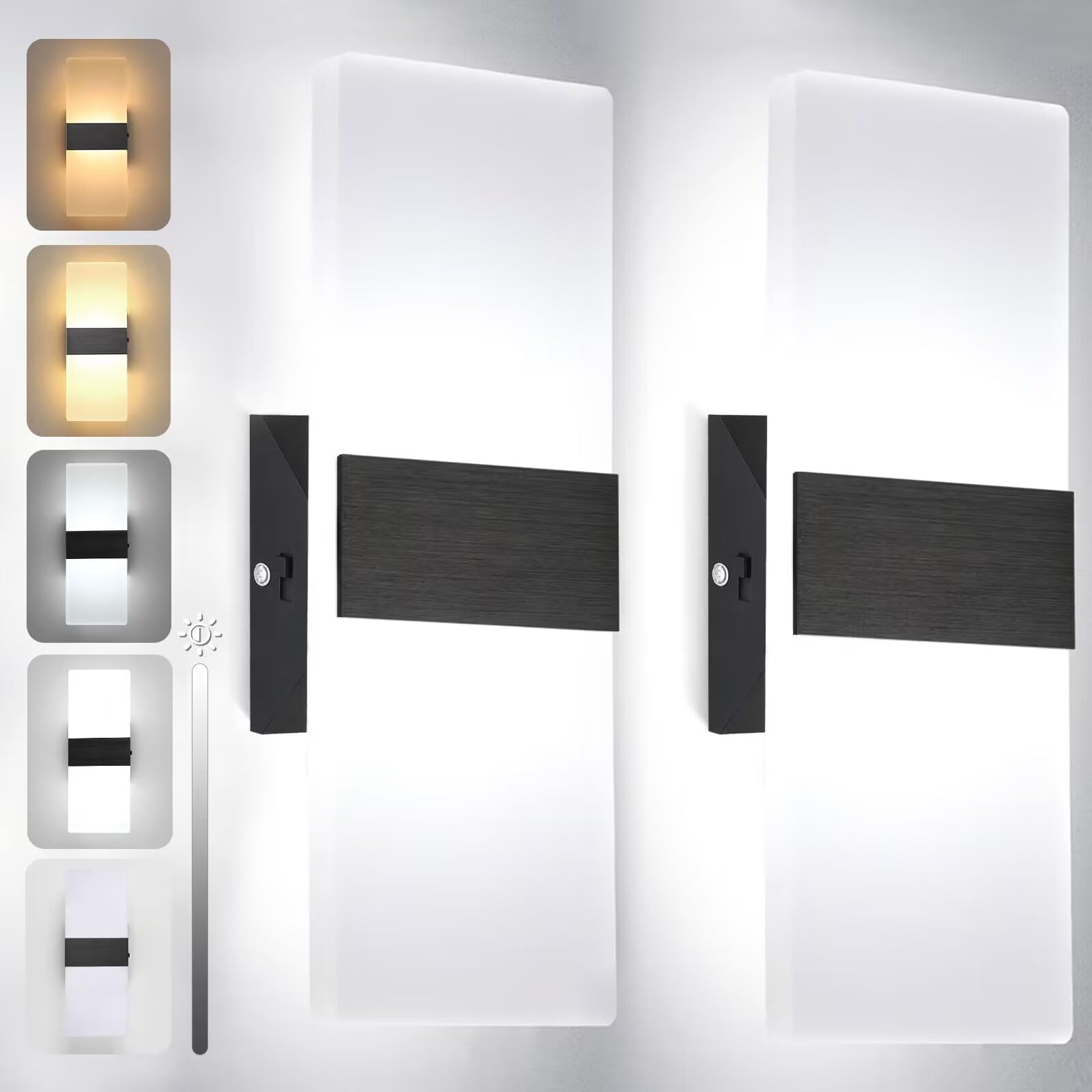 TRLIFE Dimmable LED Wall Sconces, 12W Modern Wall Lights Set of 2, Black Brushed Aluminum, 4 Color Temperature, Model YKL-MCT-Bla