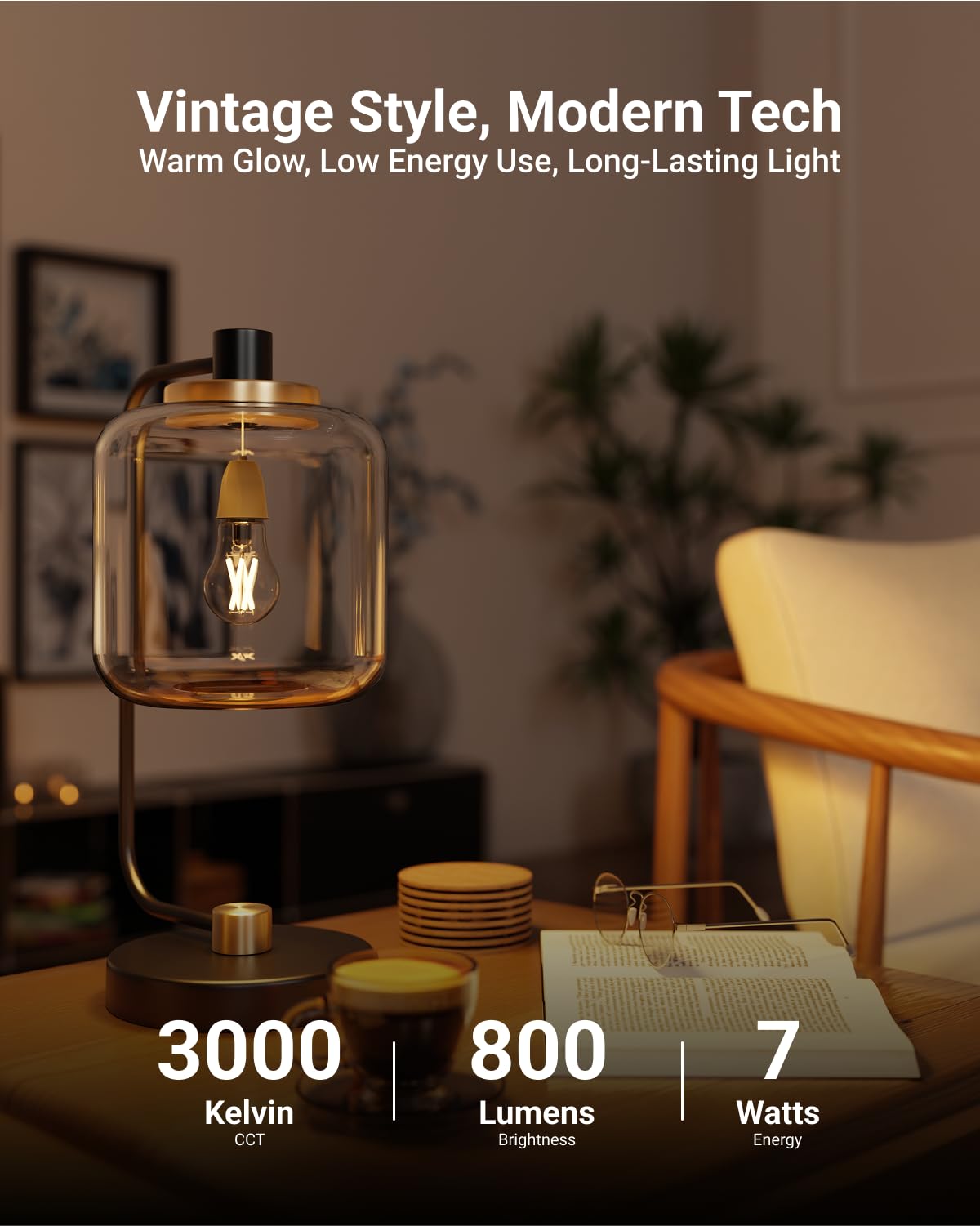 Sunco A15 Light Bulb Led, Edison Style Bulb, Dimmable Vintage Filament Lighting, 800 Lm, 7W (60W Equivalent), 3000K Warm White,