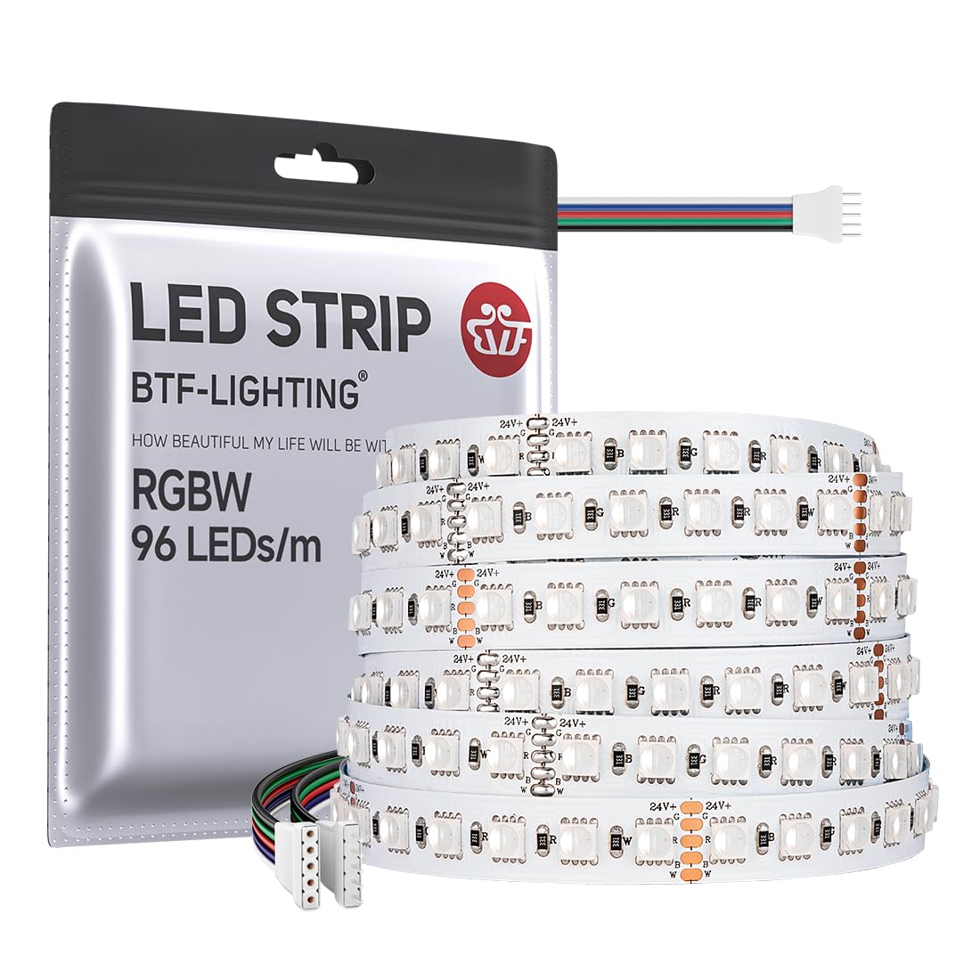 BTF-LIGHTING 5050 RGBW RGB+Cool White(6000K-7000K) 4 Colors in 1 LED 5m 16.4ft 96LED/m DC24V Multi-Colored LED Tape Lights IP30 