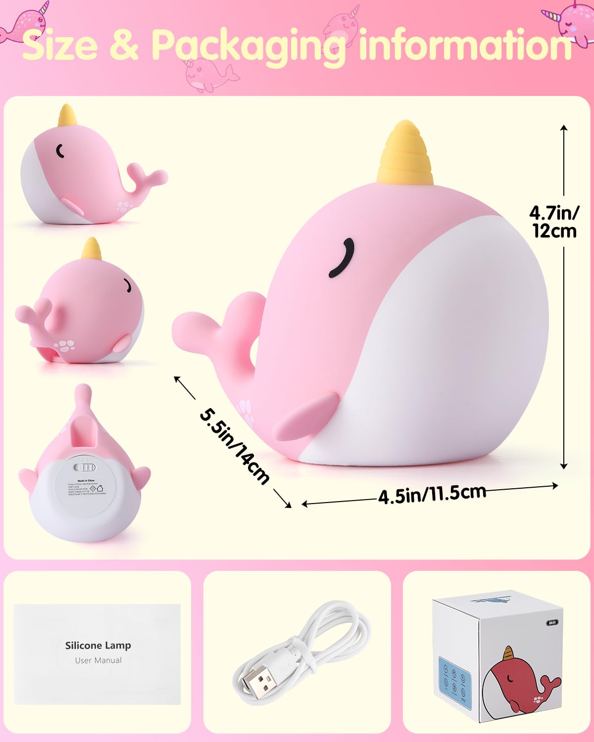 Fuloon Narwhal Night Light With Whale Shape  Squishy Silicone Kids Lamp  Safe & Soothing Touch Control For Kids And Babies  Usb-C Rechargeable  30-Min Auto Timer  Gift Idea (Pink)
