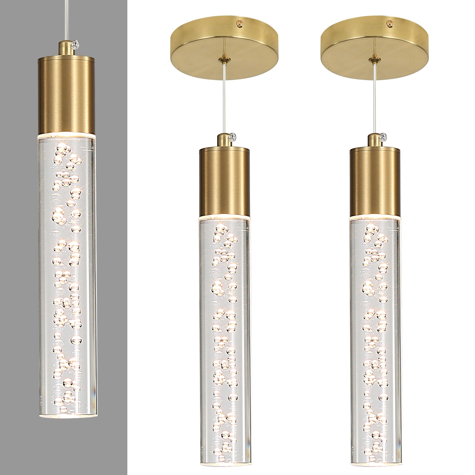 2 Pack Modern Kitchen Island Hanging Light  Gold Led Pendant Lights Fixture  Bubble Acrylic  3 Color Temperatures  Mini Ceiling Chandelier Lighting For Dining Room  Bedroom  Foyer Entrance  Cafe Bar