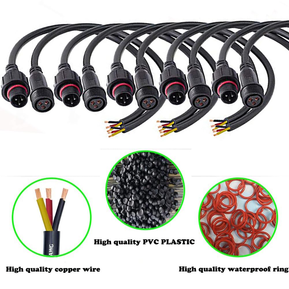 Qofowin 3Wire Waterproof Connector, 3Pin Male Female Plug Led Connector With 16 Awg Ip68 20Cm Extension Cable For Car, Boat,Truck,Indoor/Outdoor Led Strip Lights.(3Pin 5Pairs)
