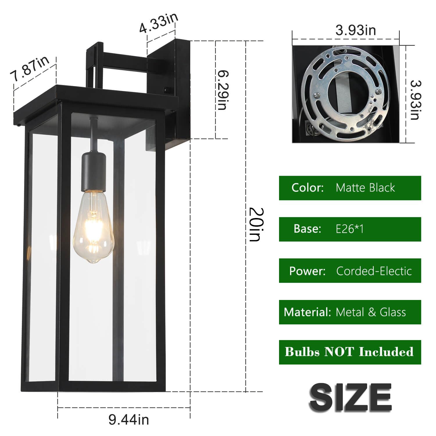 tewei 2 Pack Outdoor Wall Lantern, 20" Matte Black Waterproof Light Fixture, E26 Base, Clear Glass Shade