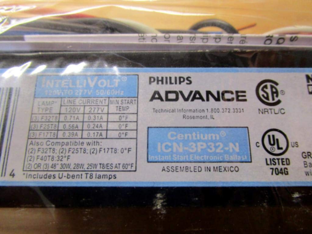 Philips Advance ICN-3P32-N Electronic Ballast for T8 Lamps, 120/277V, 1-Pack, Black