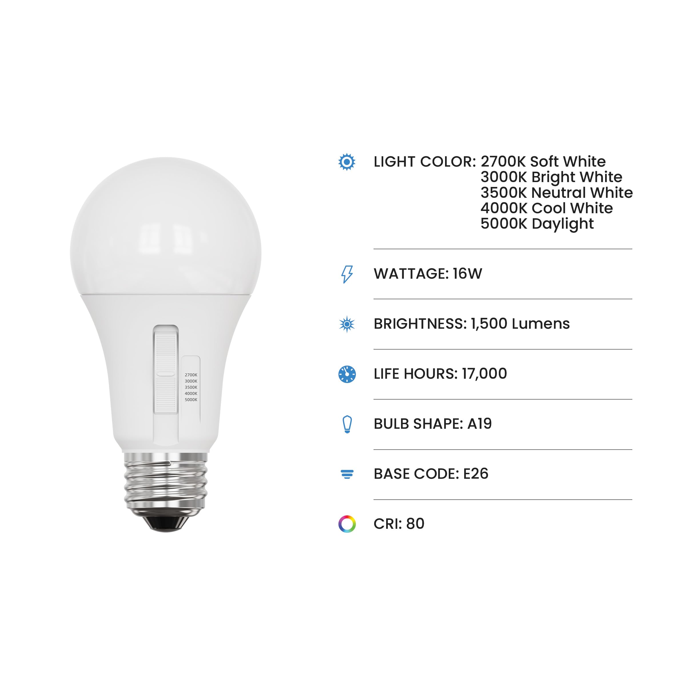 Feit Electric A19 Led Light Bulb, 100W Equiv, Non-Dimmable, Selectable Color Temperatures (2700K-5000K), 1500 Lumens, General Pu