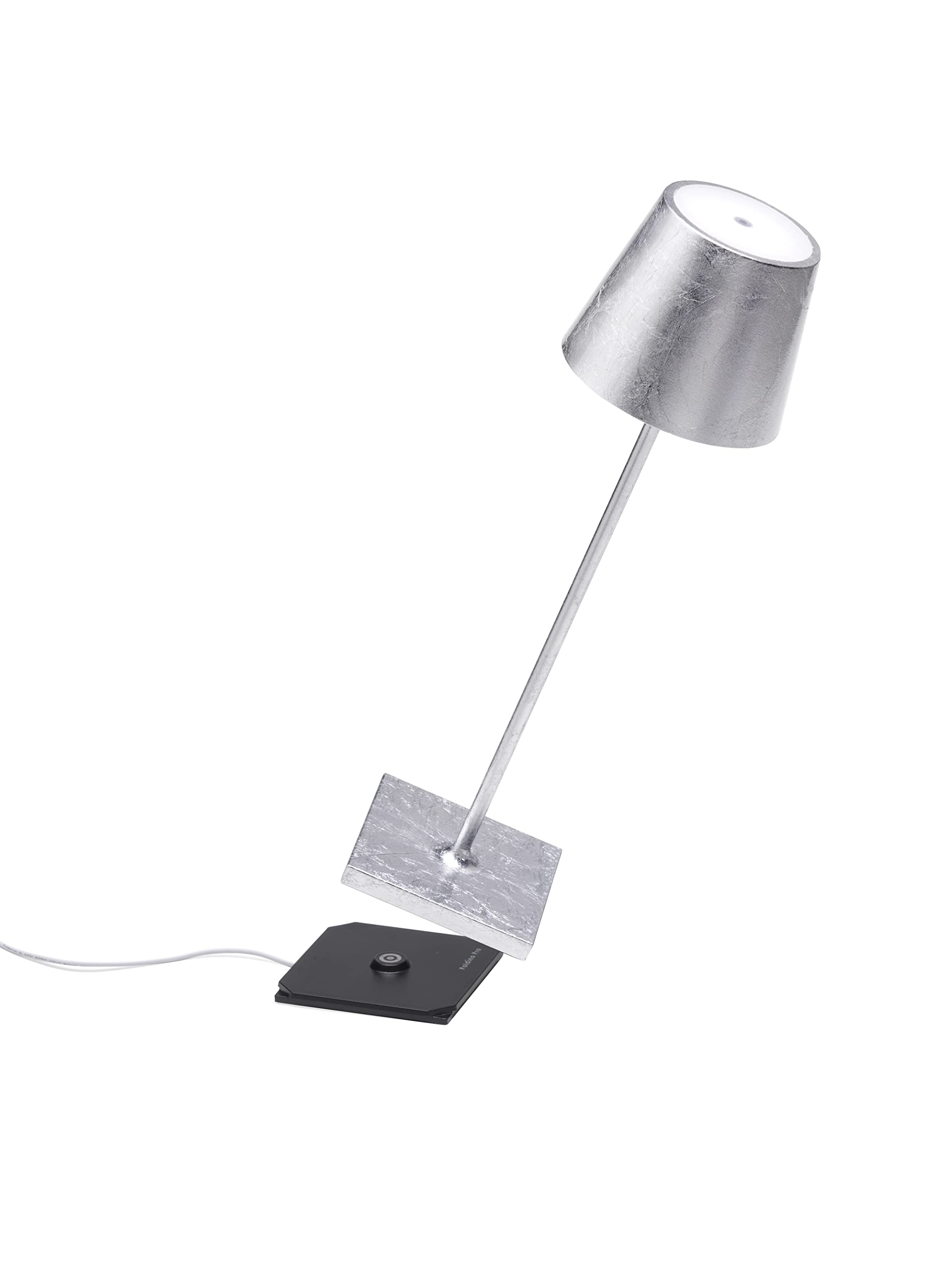 Zafferano Poldina Pro Lamp, Rechargeable Cordless Table Lamp, Touch Controls, Dimmer, 14.9in Height, Silver Leaf, Model LD0340BFA4