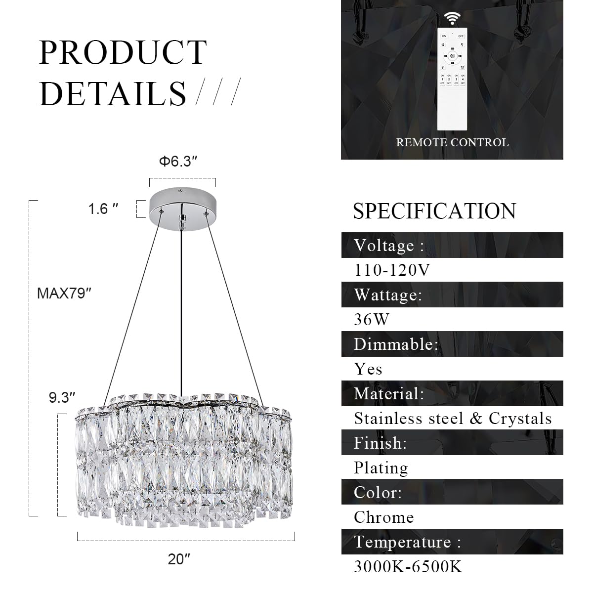 Poemoon LED Crystal Chandelier Light Fixture, Dimmable, Chrome 20in , Modern Design for Dining Room, Bedroom, Kitchen, Foyer