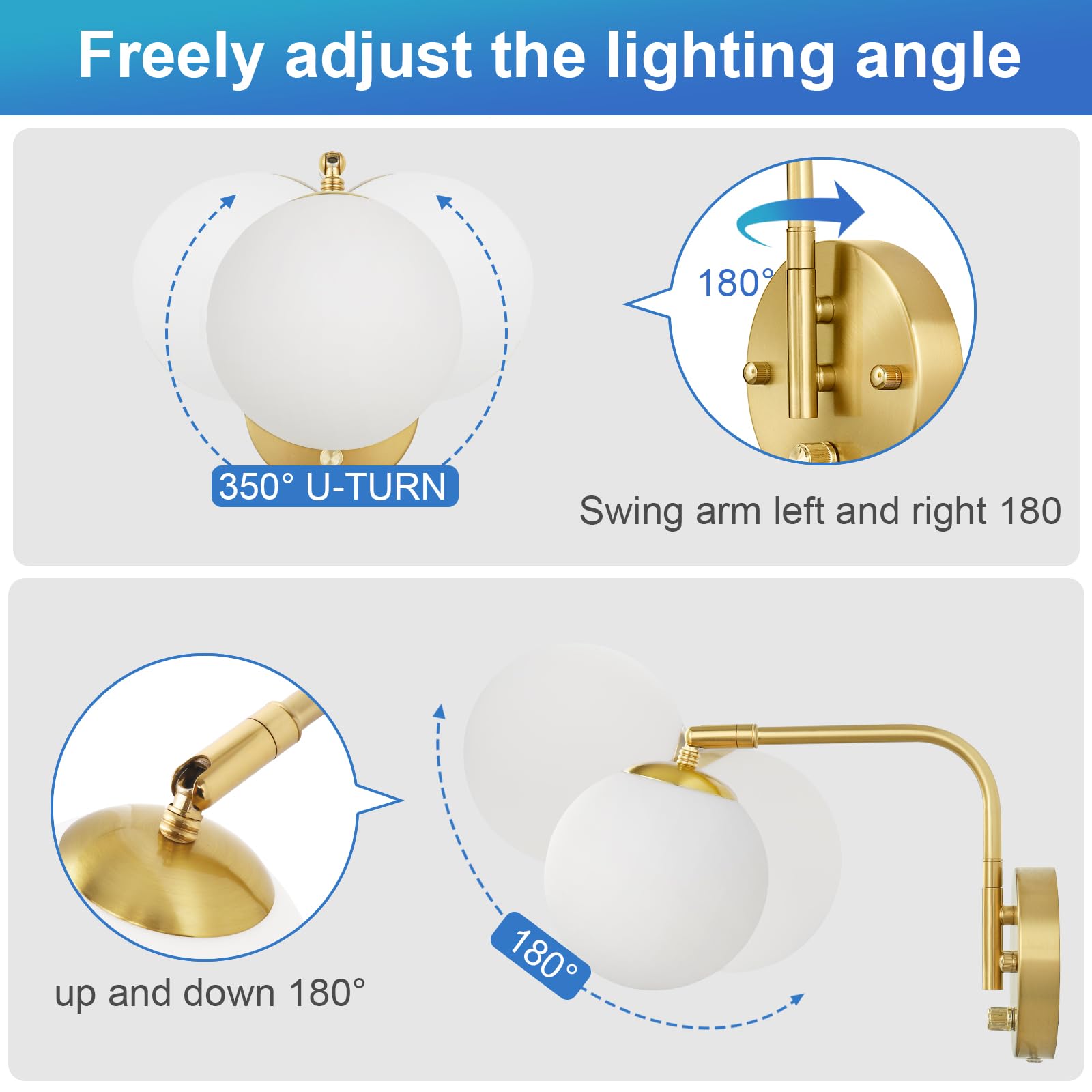 VATONI Dimmable Wall Sconces, Swing Arm Lights with Dimmer, 2 Pack, Gold & Milky White Glass Globe, Model LSlamp-Miglash-2P