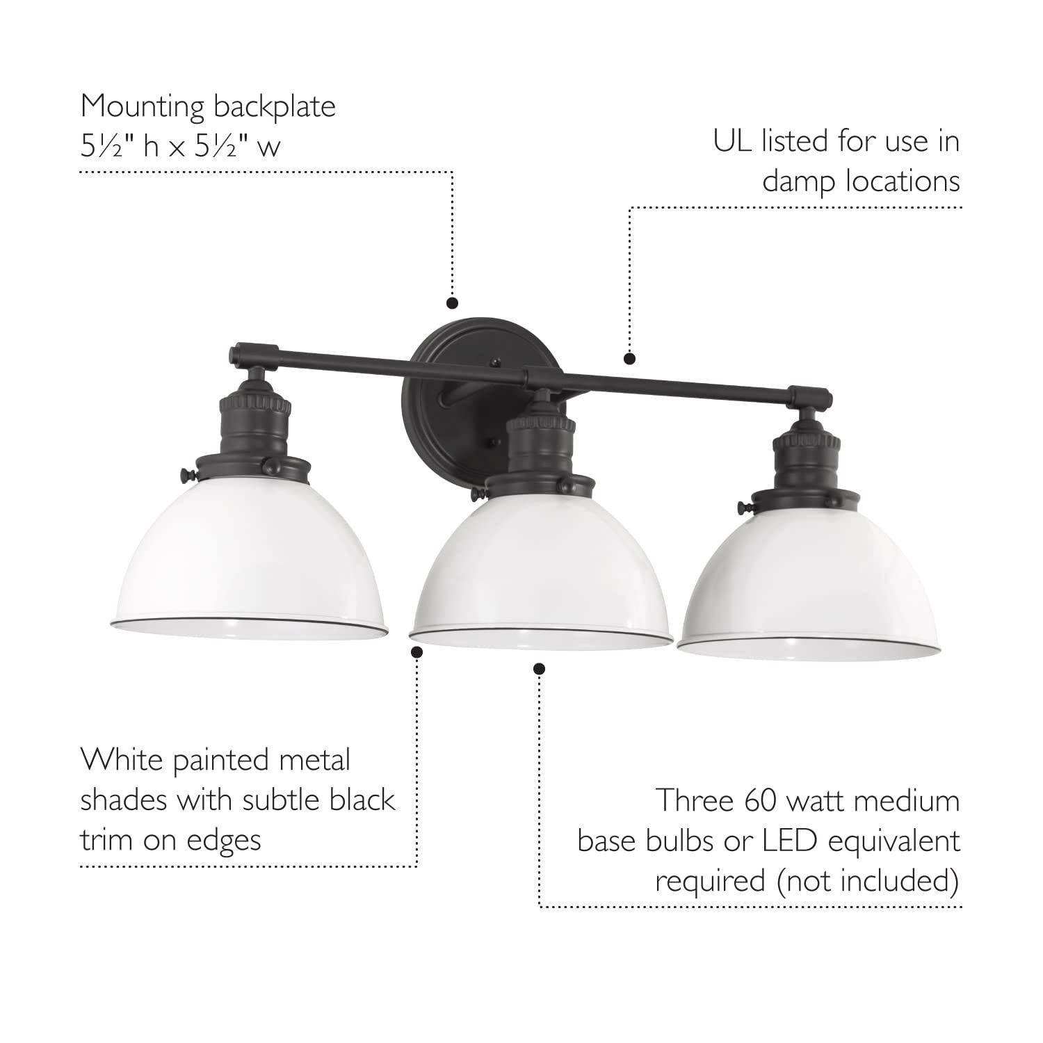 Design House Savannah 3-Light Vanity Light, Matte Black Finish, White Metal Shades, Dimmable, Bathroom Wall Fixture, 588301