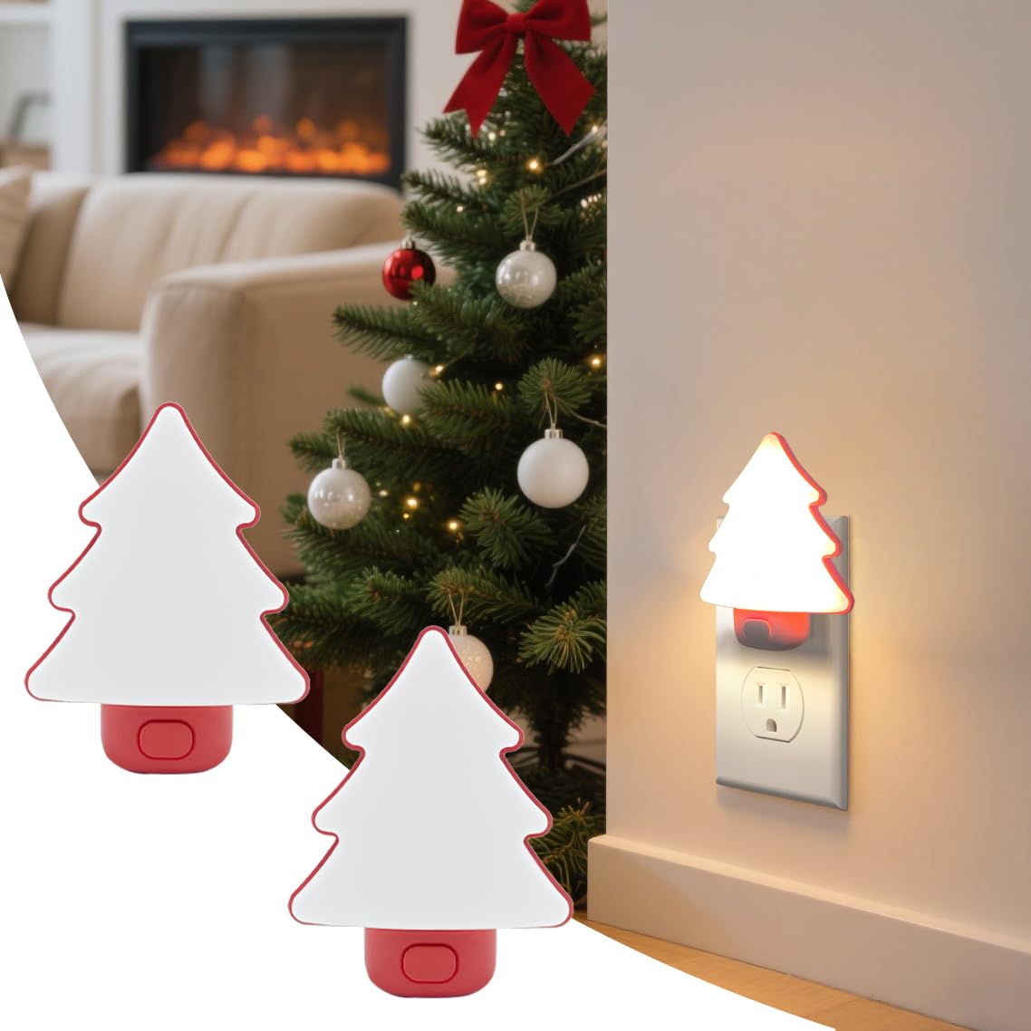 Led Night Light Christmas Tree Lights Plug Into Wall [2 Pack] With Manual On-Off Dimmable Nightlights Soft Warm/White Wall Art For Home Decor Bathroom Hallway Bedroom Kids Room Apartment