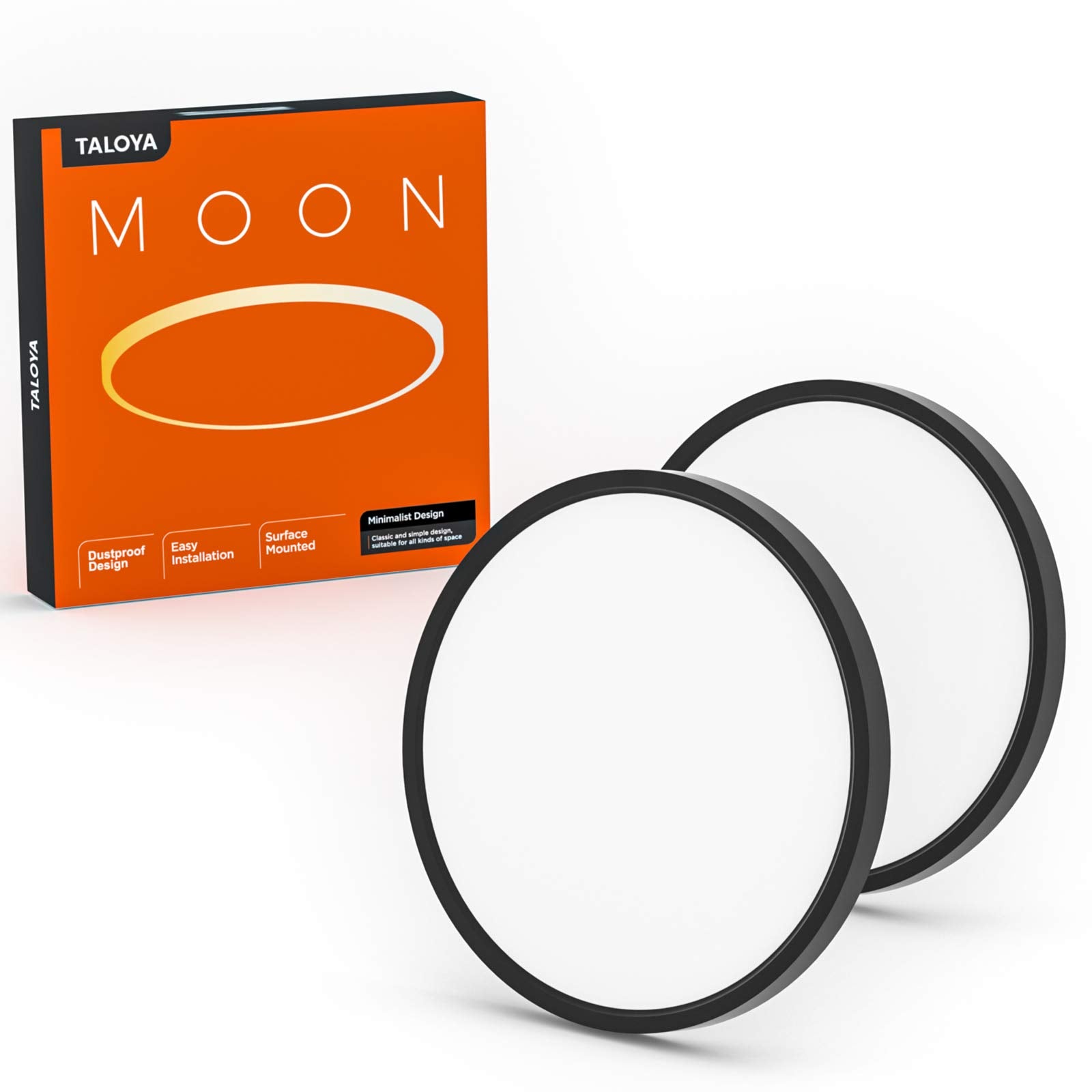 TALOYA LED Ceiling Light 15.8 Inch 2-Pack, Black, 3-in-1 (3000K/4000K/6500K), Polycarbonate, Model MOON