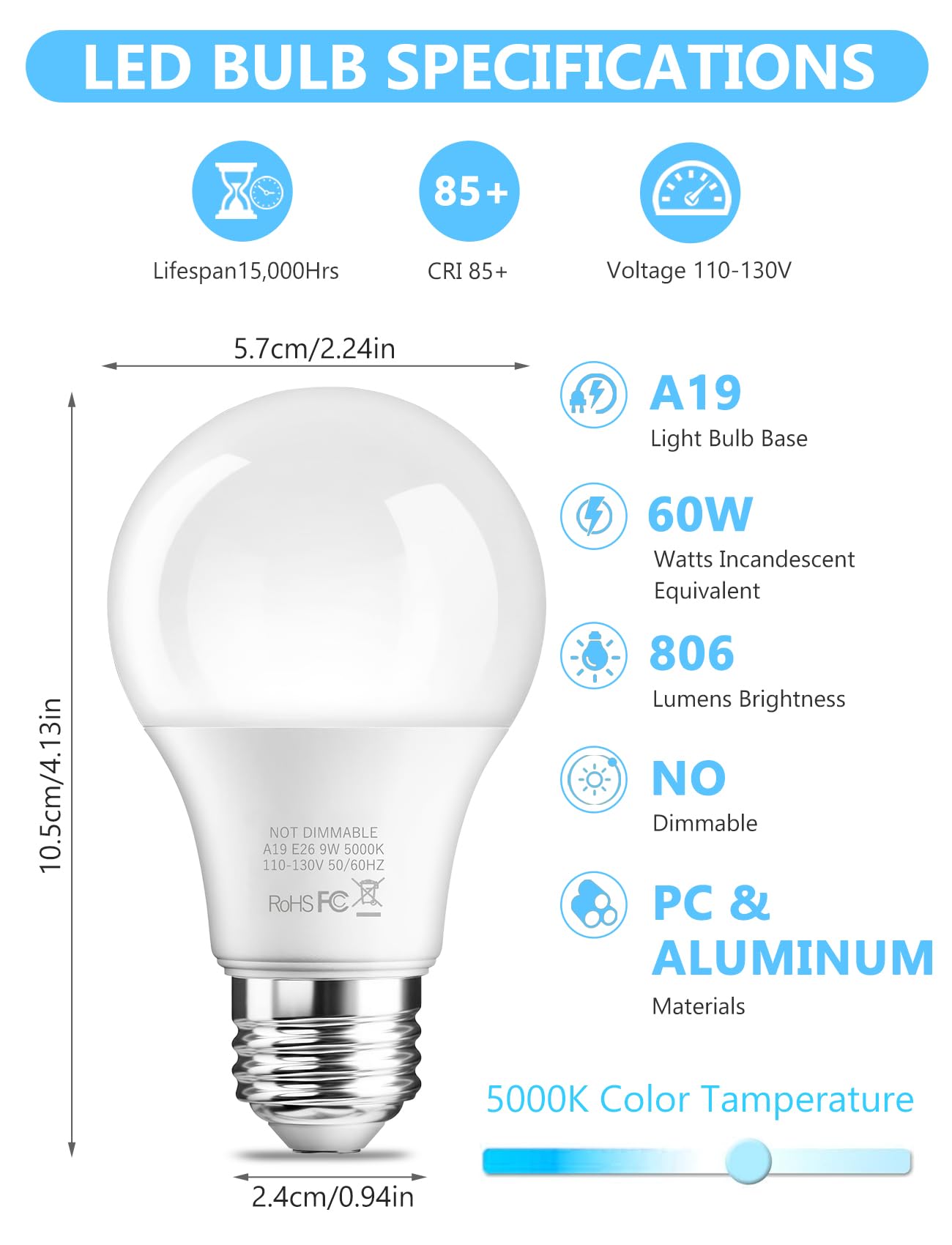 Btbhiho 12-Pack A19 Led Light Bulbs 60W Equivalent 806 Lumens, 9W 5000K Warm White Non-Dimmable, No Flicker, Super Bright Cri85+