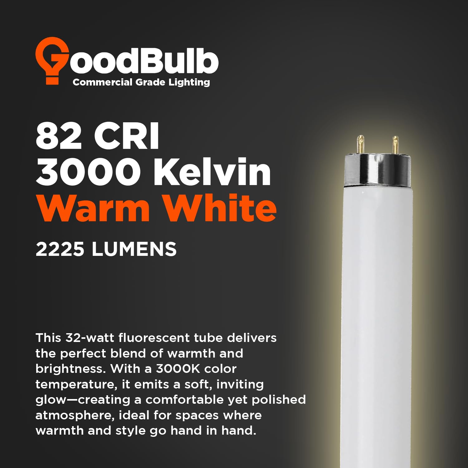 Goodbulb 25W T8 Fluorescent Light Bulb - 3000K Warm White, 2225 Lumens, 25 Count Pack