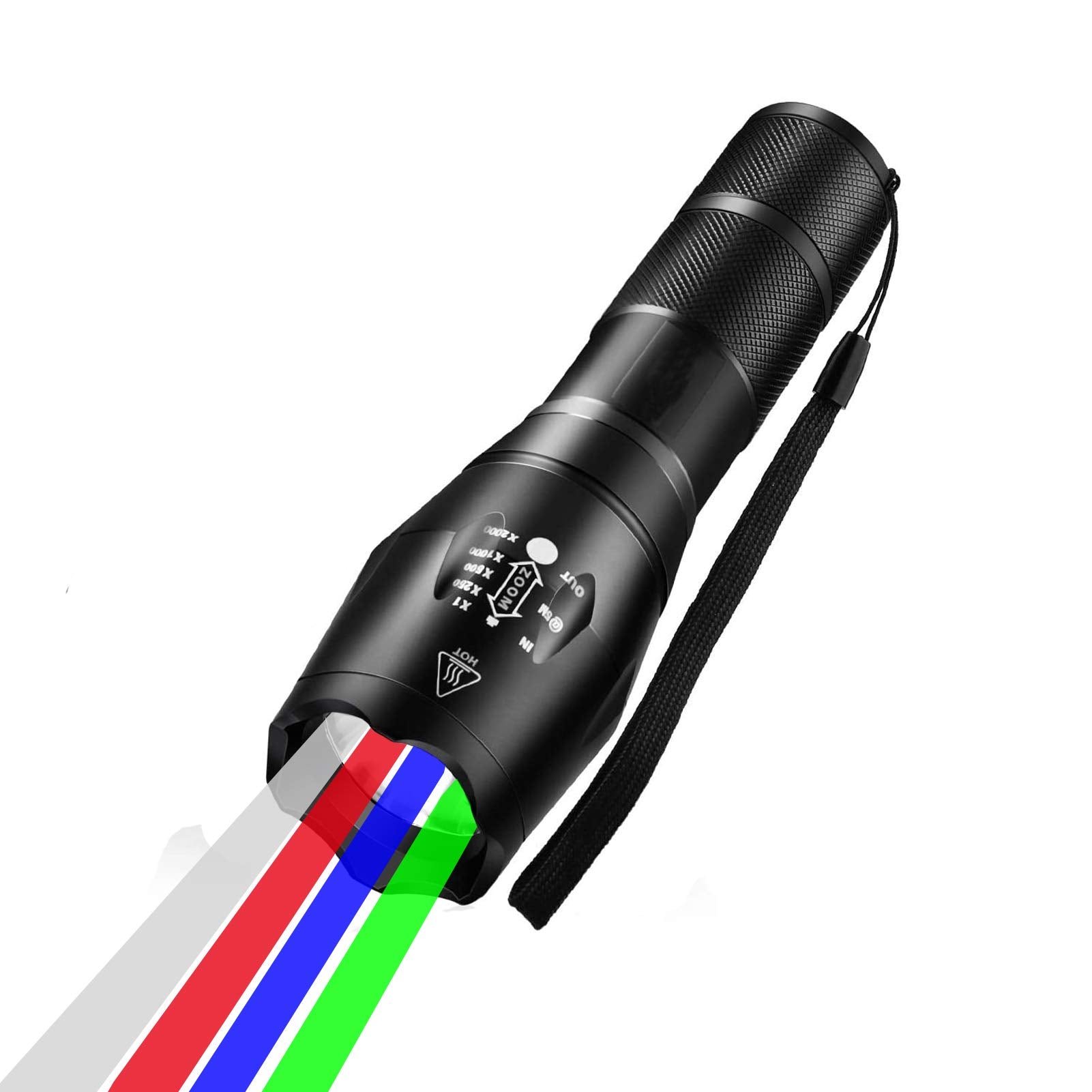 4 In 1 Multicolor Flashlight, 300 Lumen Zoomable One Mode White Red Green Blue Light, Hunting Flashlight