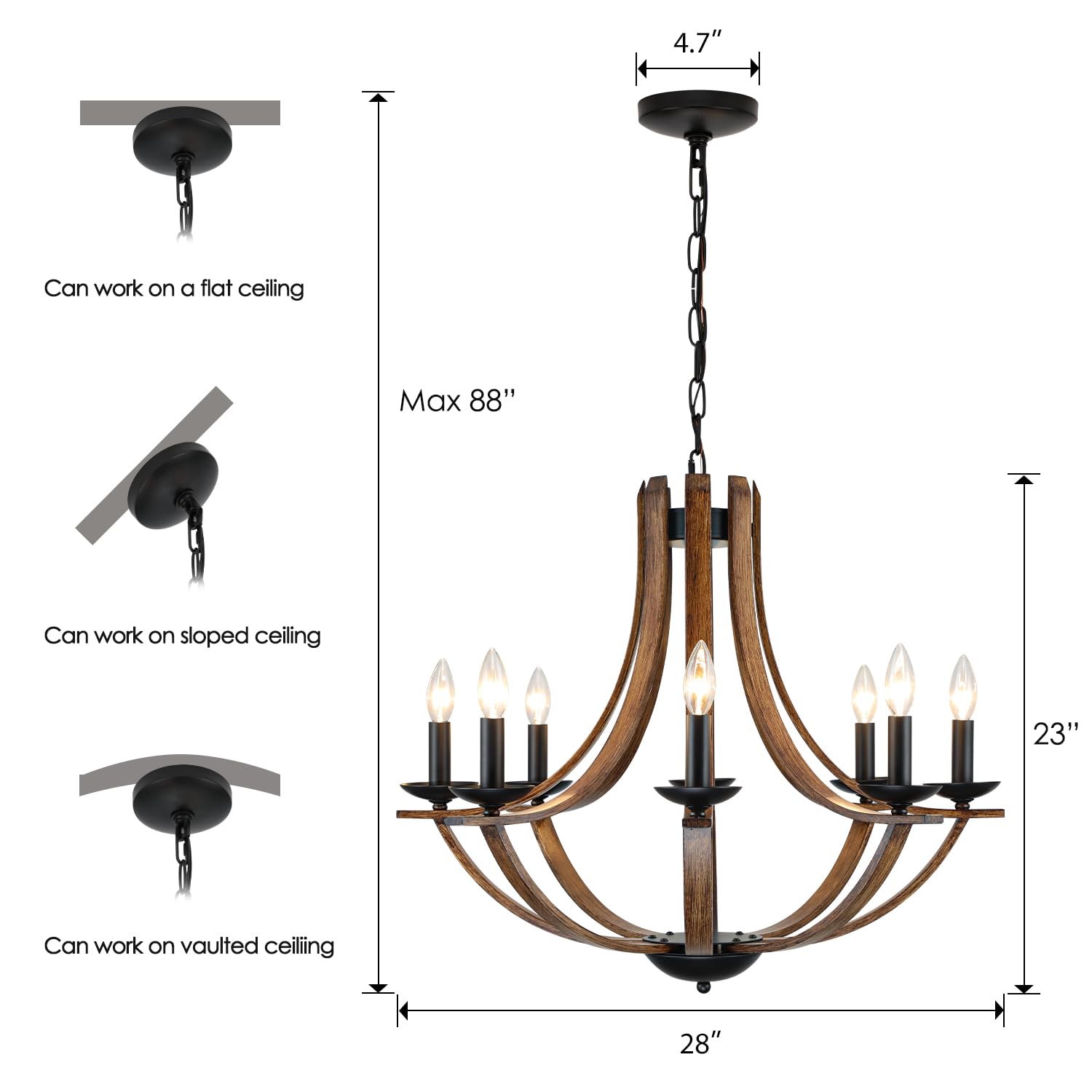 LAMPKEDUO Rustic 8-Light Chandelier Fixture, 28" Adjustable, Black & Faux Walnut, Model D9901-8 for Dining Room, Kitchen, Foyer