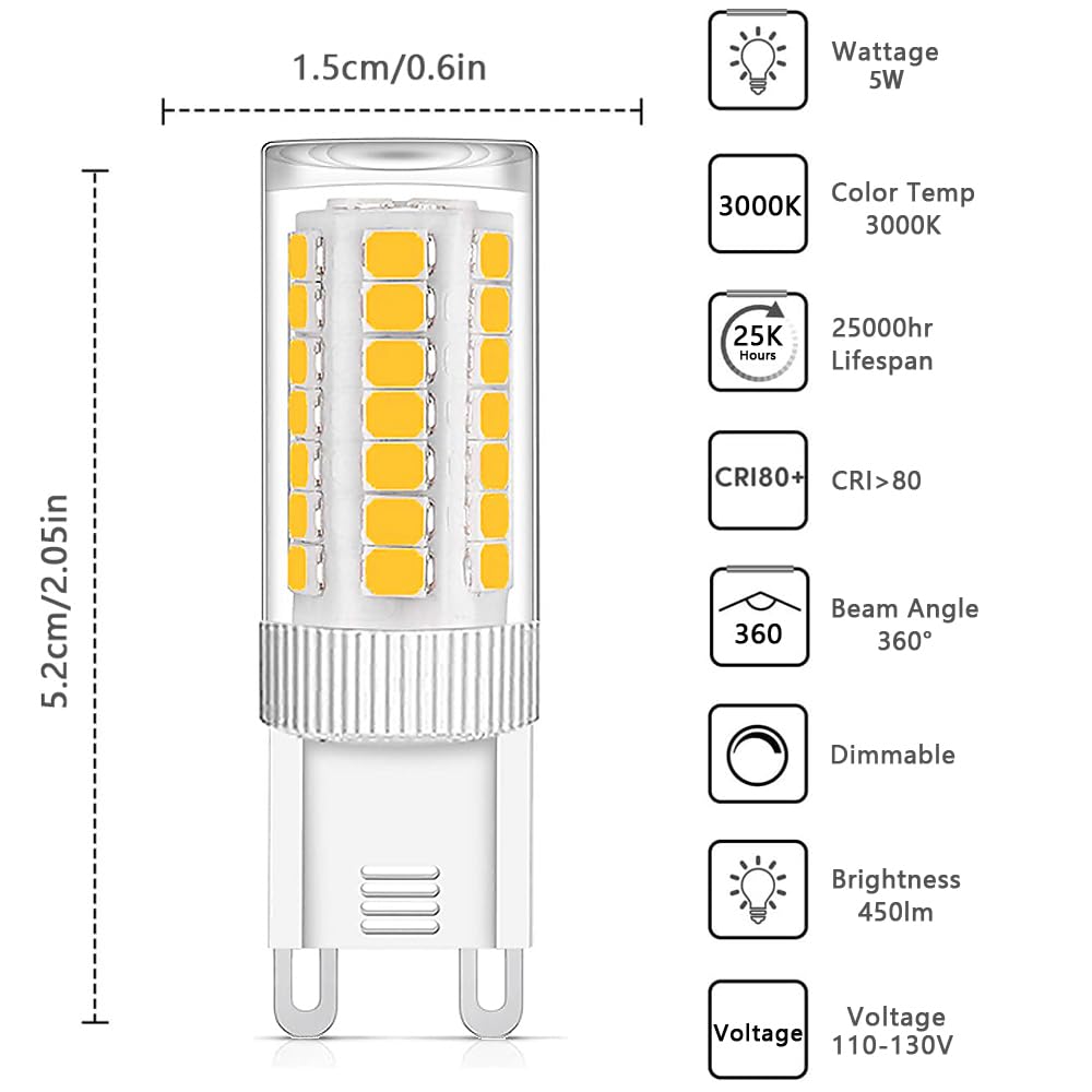 G9 Led Bulb Dimmable 4W, 40 Watt T4 G9 Halogen Equivalent, 3000K Soft Warm Light, 110-130V No-Flicker, Ceramic Bi Pin Base,450 L