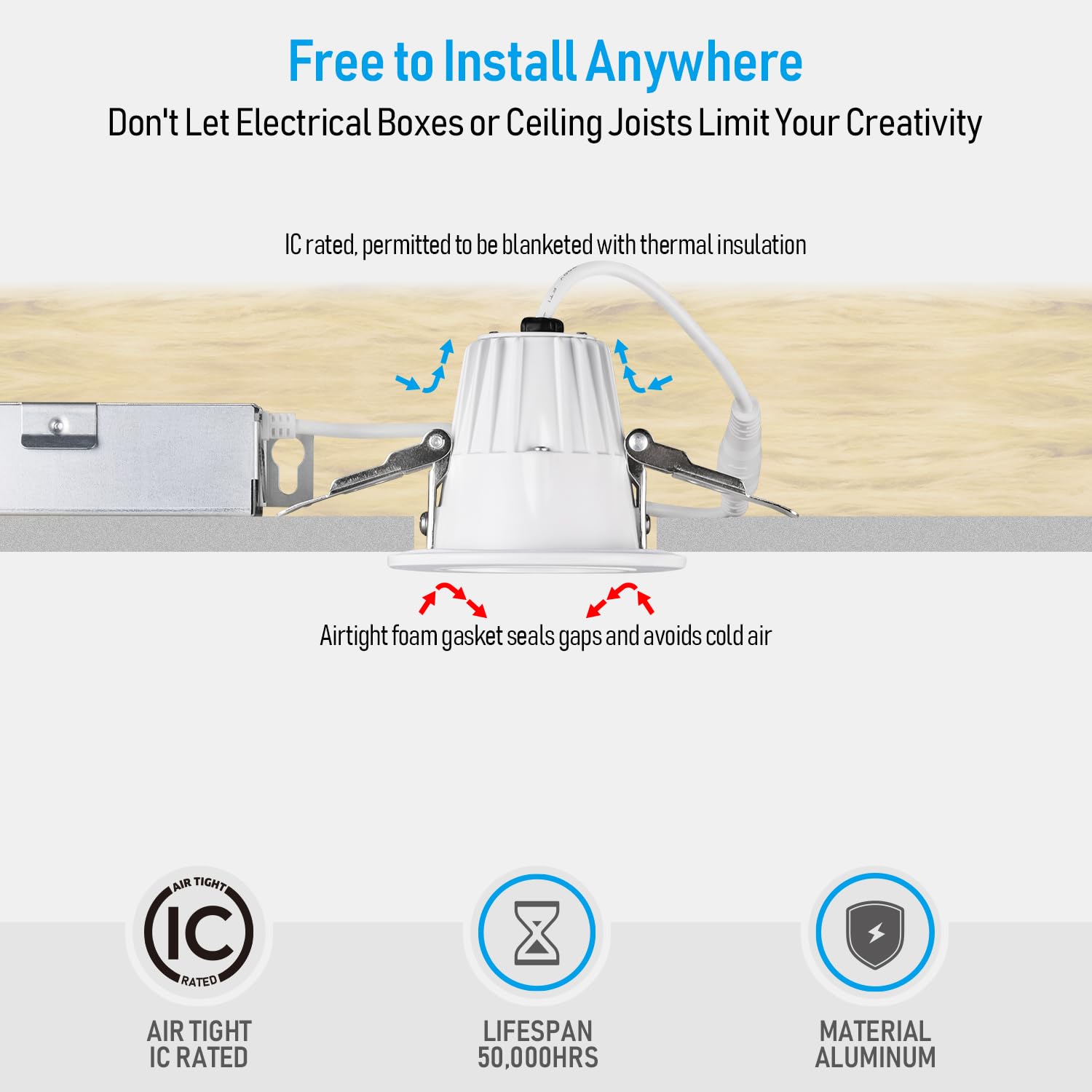 TORCHSTAR 2 Inch LED Recessed Lighting, 600lm, Dimmable, Warm White (3000K), IC Rated, ETL, Energy Star, 6 Pack