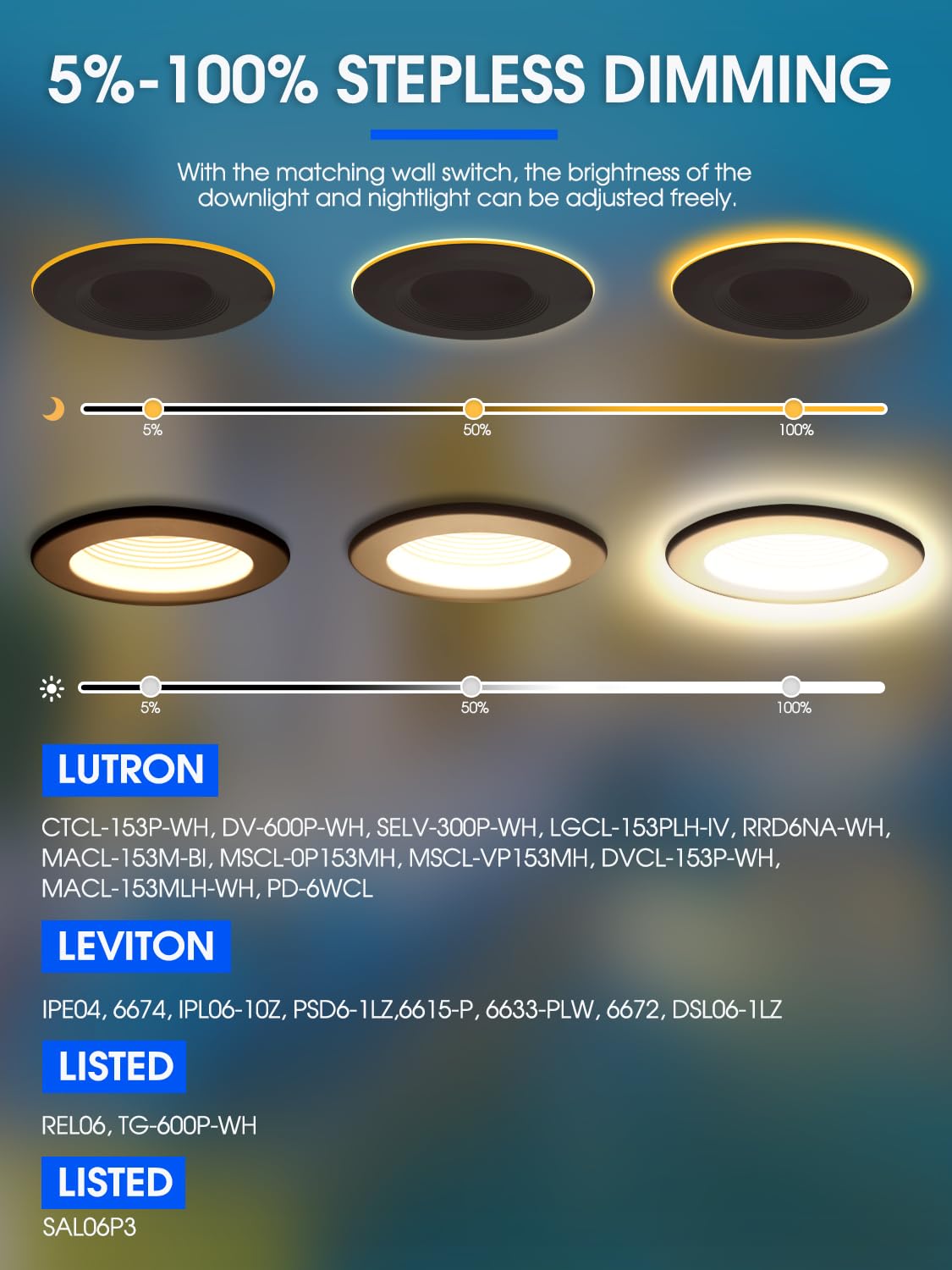 Energetic Lighting 6 Pack 6 Inch Dimmable LED Recessed Can Lights, 5000K Daylight, 9W=85W, Damp Rated, ETL Certified