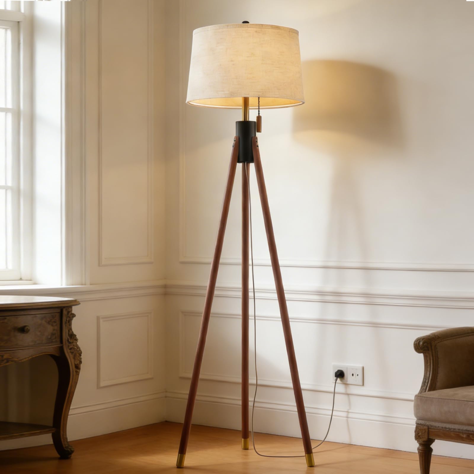 Mid Century Modern Tripod Floor Lamp, Gold Accented Two-Tone Solid Wood Floor Lamp with Black-Finished Solid Wood Center, Linen 