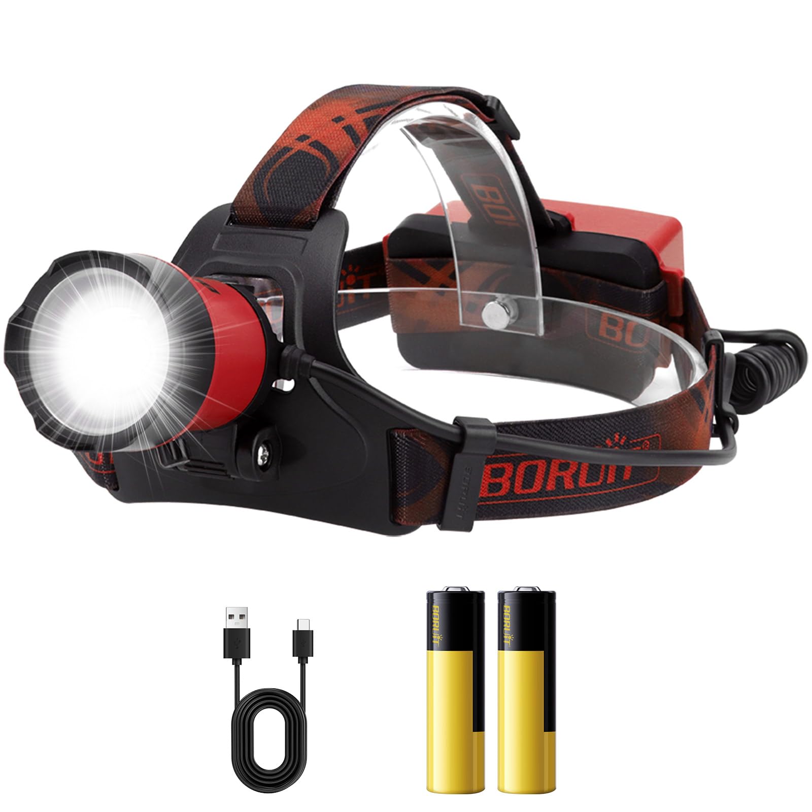 BORUIT B13 LED Headlamp, Super Bright 90° Adjustable, 4 Modes, IPX4 Waterproof, Adjustable Size, Aluminum Material
