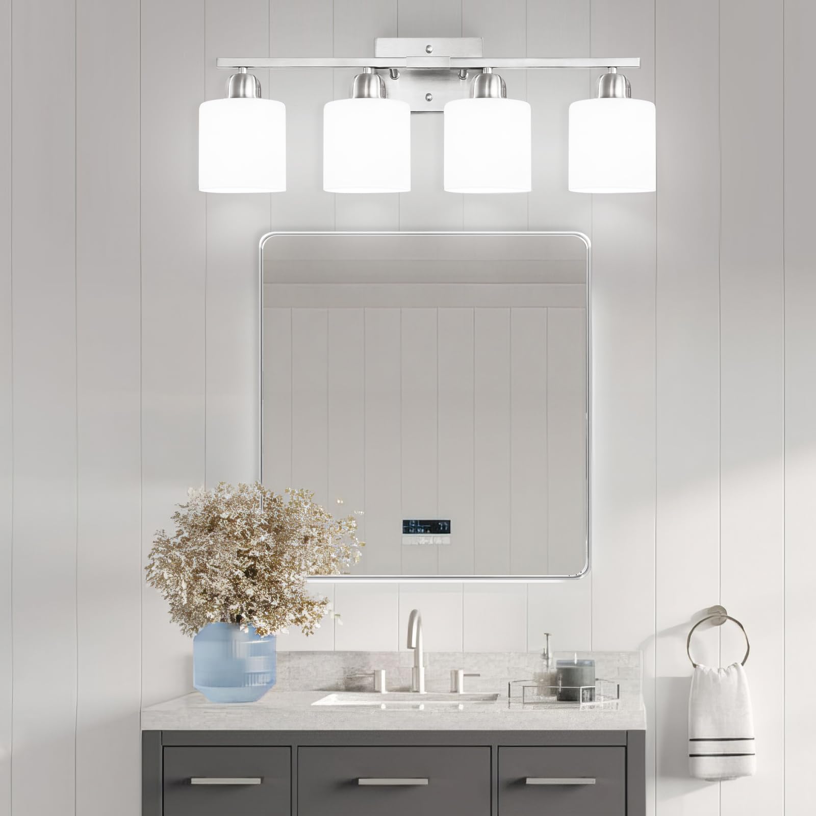 FAISHILAN 4-Light Bathroom Vanity Light Fixtures, Brushed Nickel with Frosted Glass Shade, Model FSL-212--NBN-4