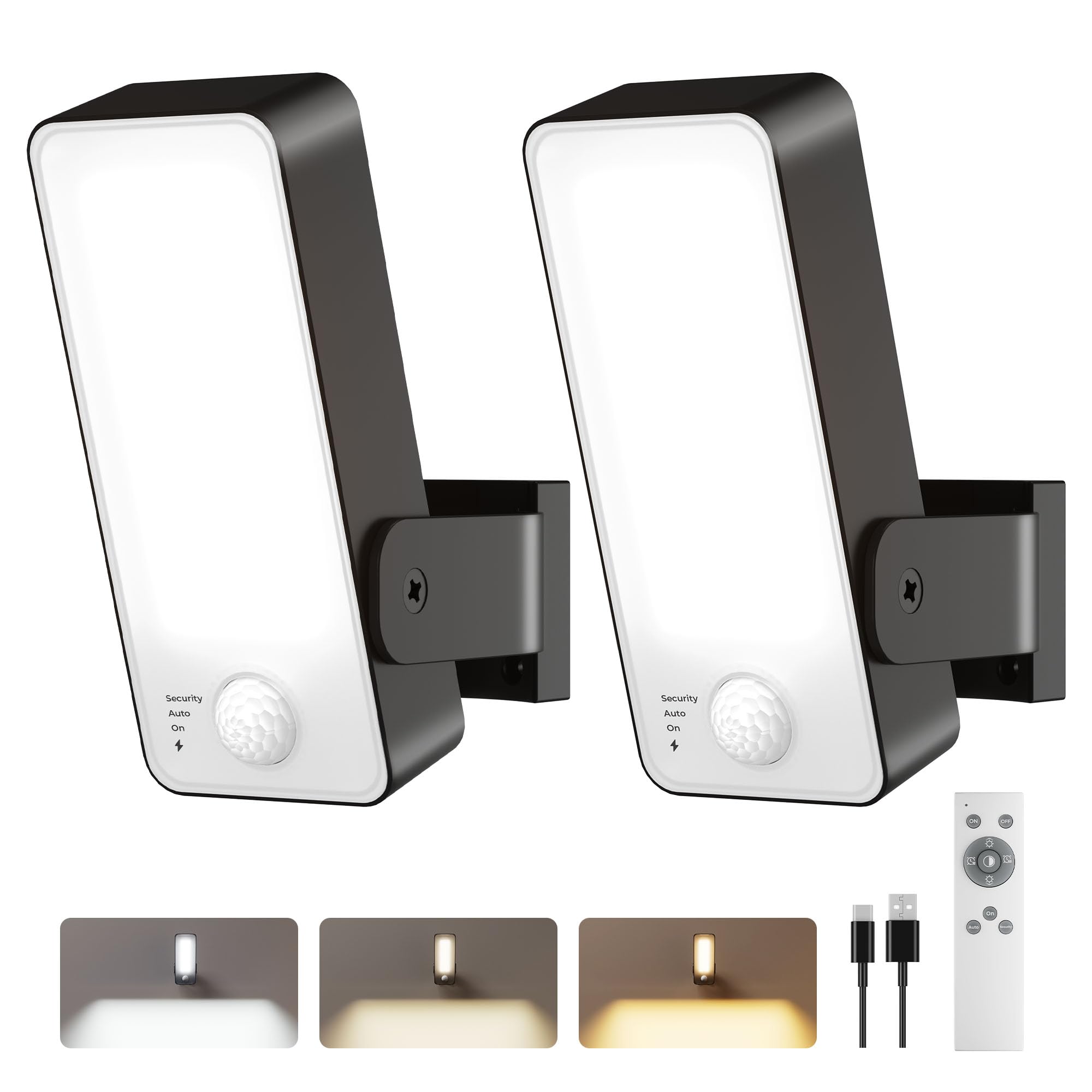 2 Pack Motion Sensor Outdoor Lights, 10000mAh Rechargeable 600 Lumen Battery Operated Outdoor Wall Lights with 3 Modes, 3 Colors