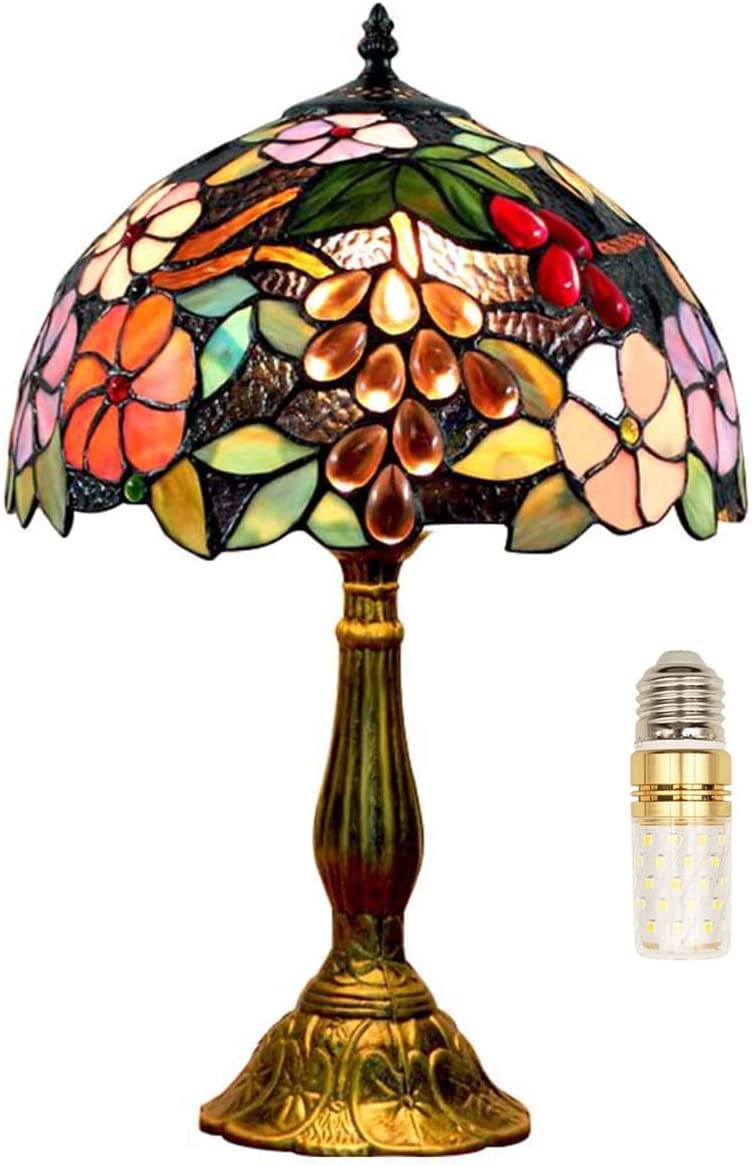 FUMAT Tiffany Table Lamp for Living Room Stained Glass Grape Rose Hand-Made Table Lamp for Bedroom 12X12X18Inch Tall Bedside Nig