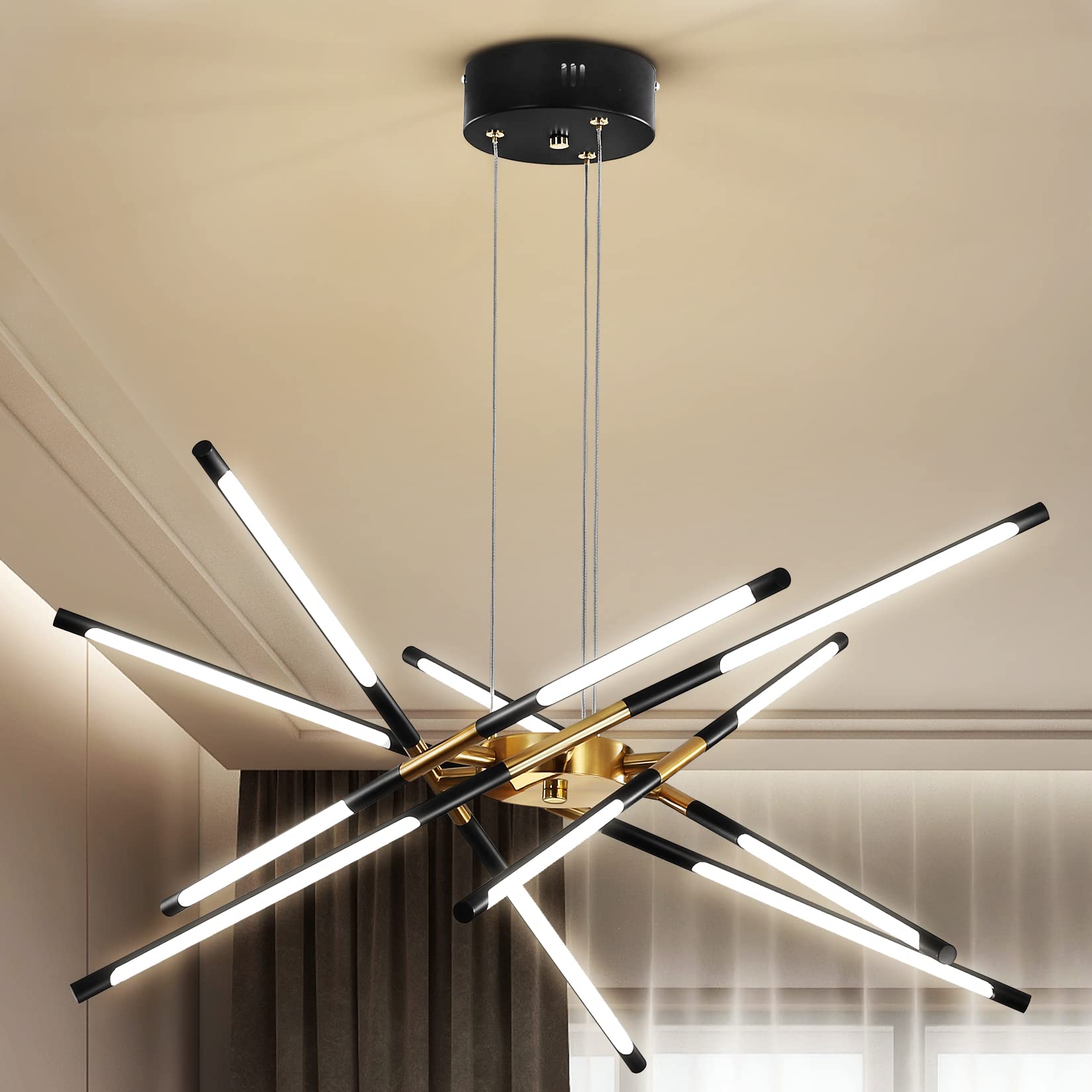 Modern Chandelier,Black and Gold Chandelier 12 Light LED Dimmable Pendant Lights,Easy to Install Ceiling Light 54W Linear Hangin