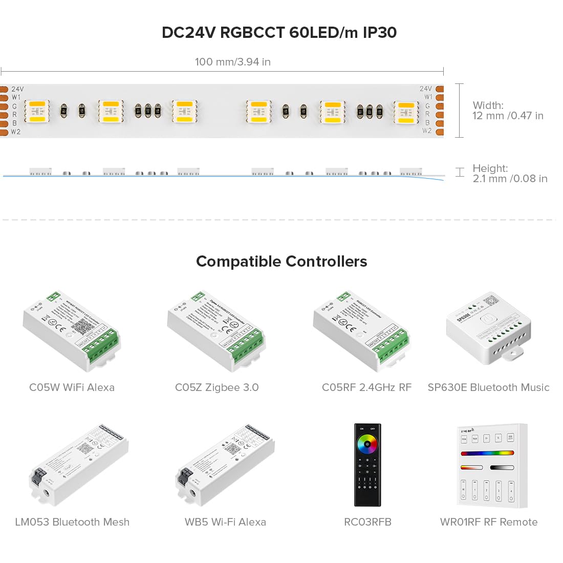 BTF-LIGHTING LED Tape Lights, RGBCCT 5 Colors, 16.4FT, 300LEDs, DC24V, IP30, Dimmable, Tunable Color
