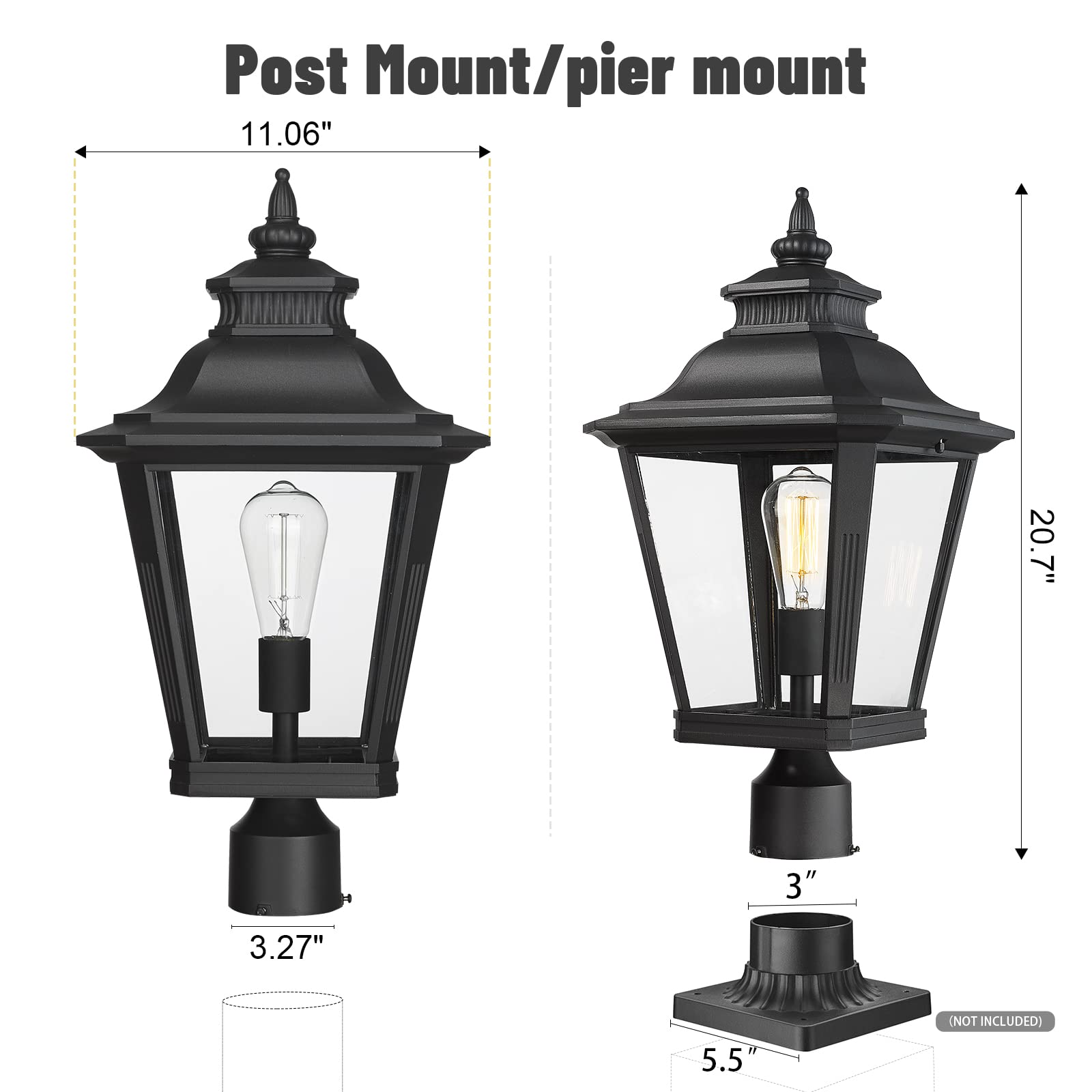 Luminzone 21'' Outdoor Post Light Fixture - Black Waterproof Aluminum For Pathway & Patio