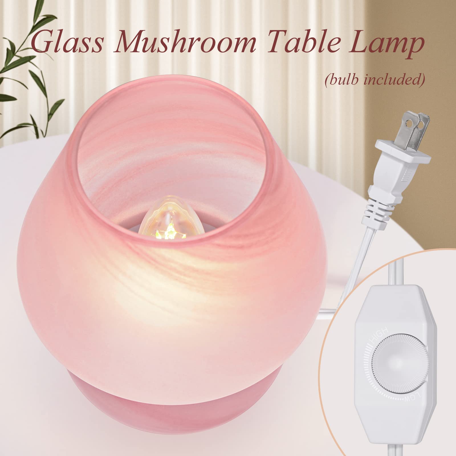 ONEWISH Mushroom Lamp - Cute Pink Table Lamp, Small Glass, Stepless Dimmable Nightlight for Bedroom, Home Decor, Model 13TAB009USB