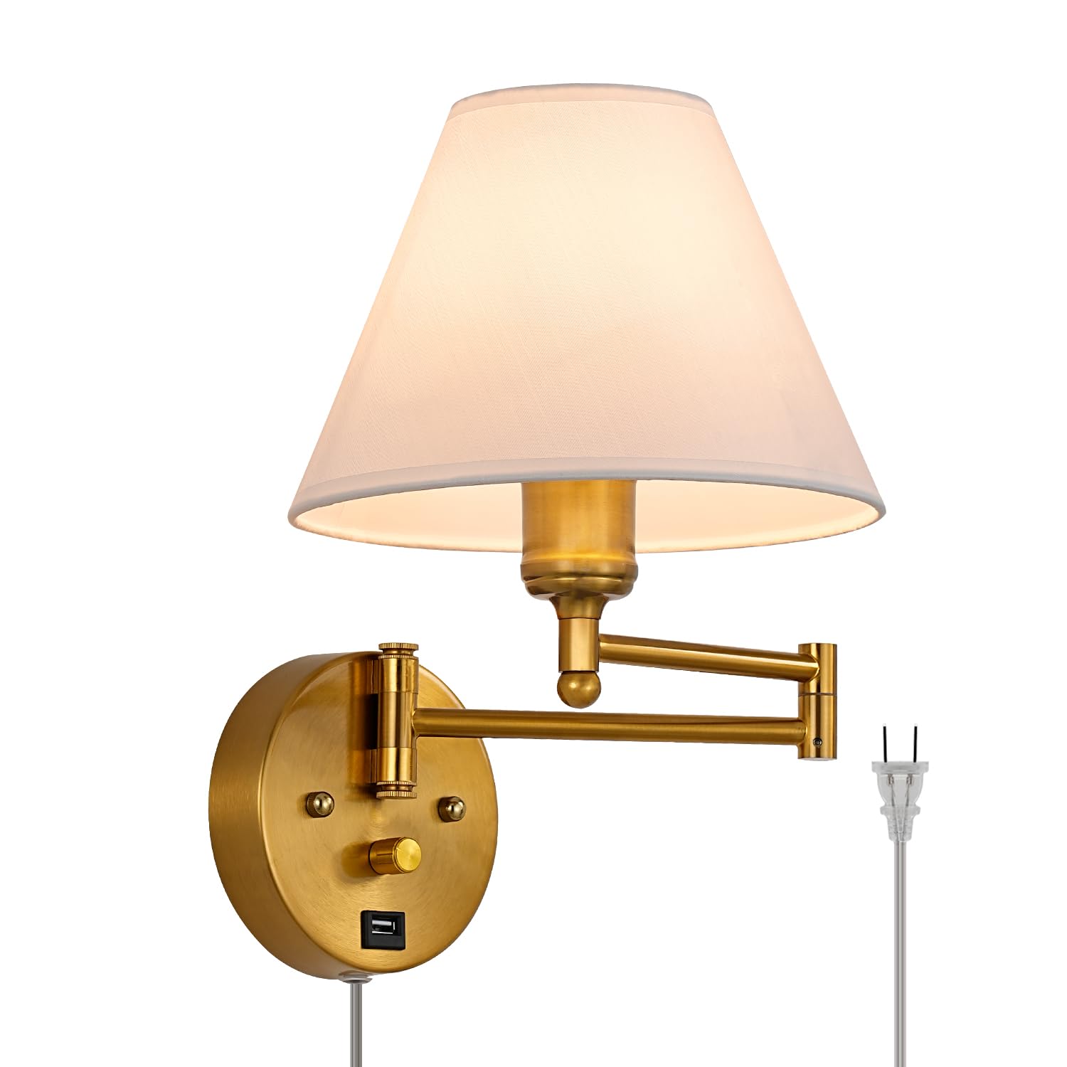 PFQCGU Swing Arm Wall Sconce, Dimmable Plug-in Lamp with USB Port, Golden