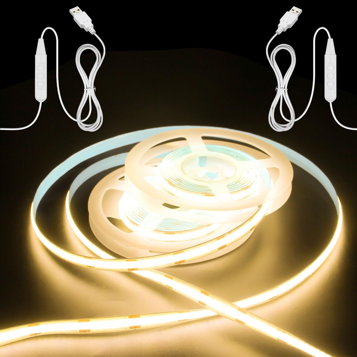 Aclorol Cob Led Strip Light 5V Usb Dimmable Led Strip Light 3000K Warm White 3.28Ft Rope Lights Flexible And Cuttable For Bedroom Wardrobe Kitchen Cupboard Staircase Home Diy Lighting 320Leds (2 Pack)